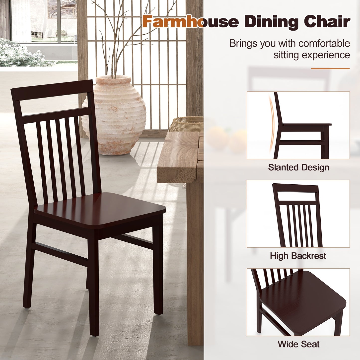 Farmhouse Dining Chairs with Slanted High Backrest and Durable Rubber Wood Frame - Set of 2
