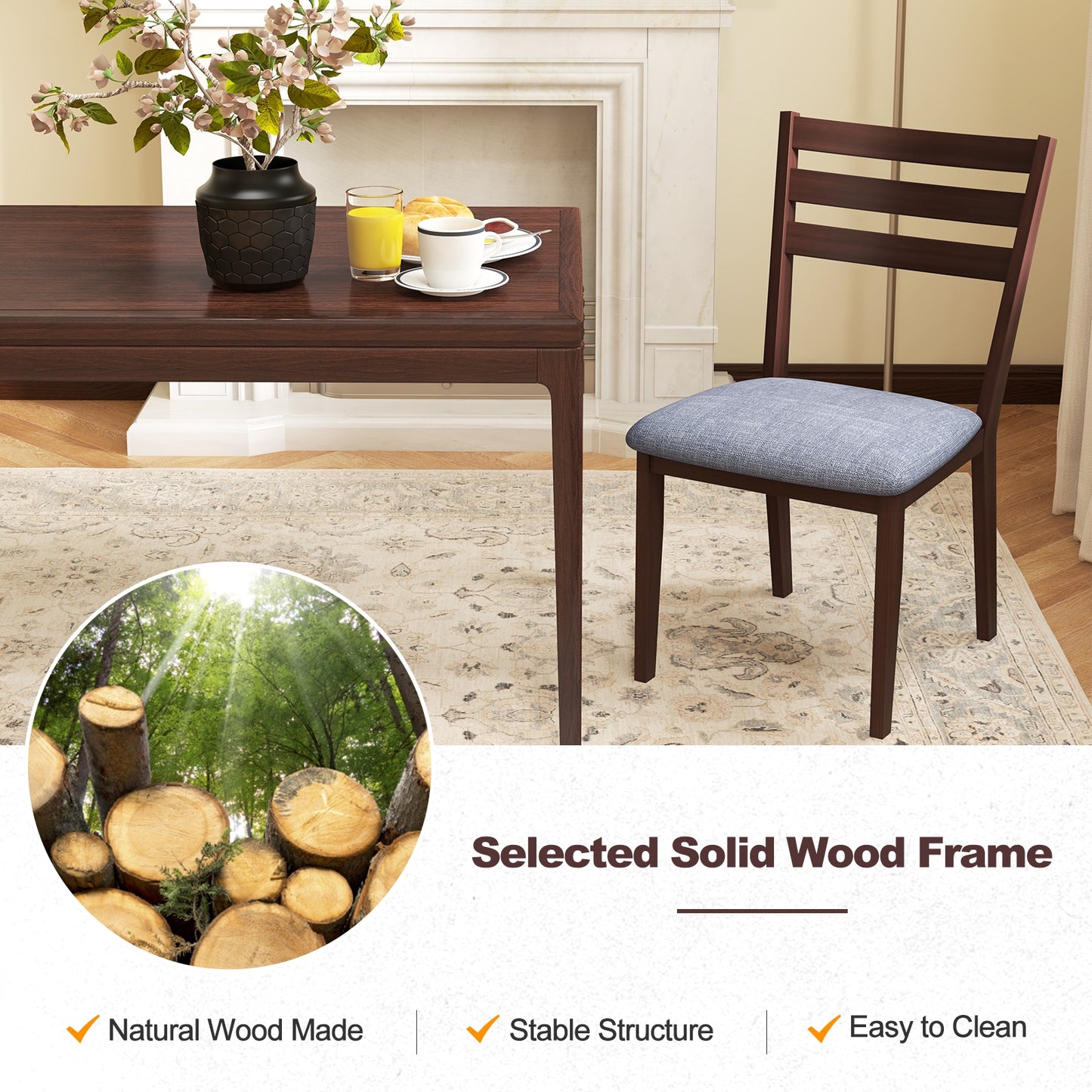 Upholstered Armless Dining Chairs with Solid Rubber Wood Frame – Set of 2