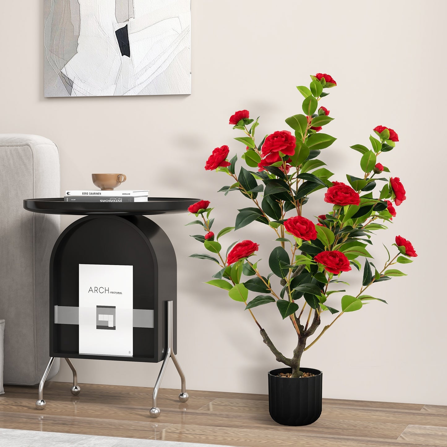 38 Inch Artificial Camellia Tree with Red, White, or Yellow Flowers in Cement Pot