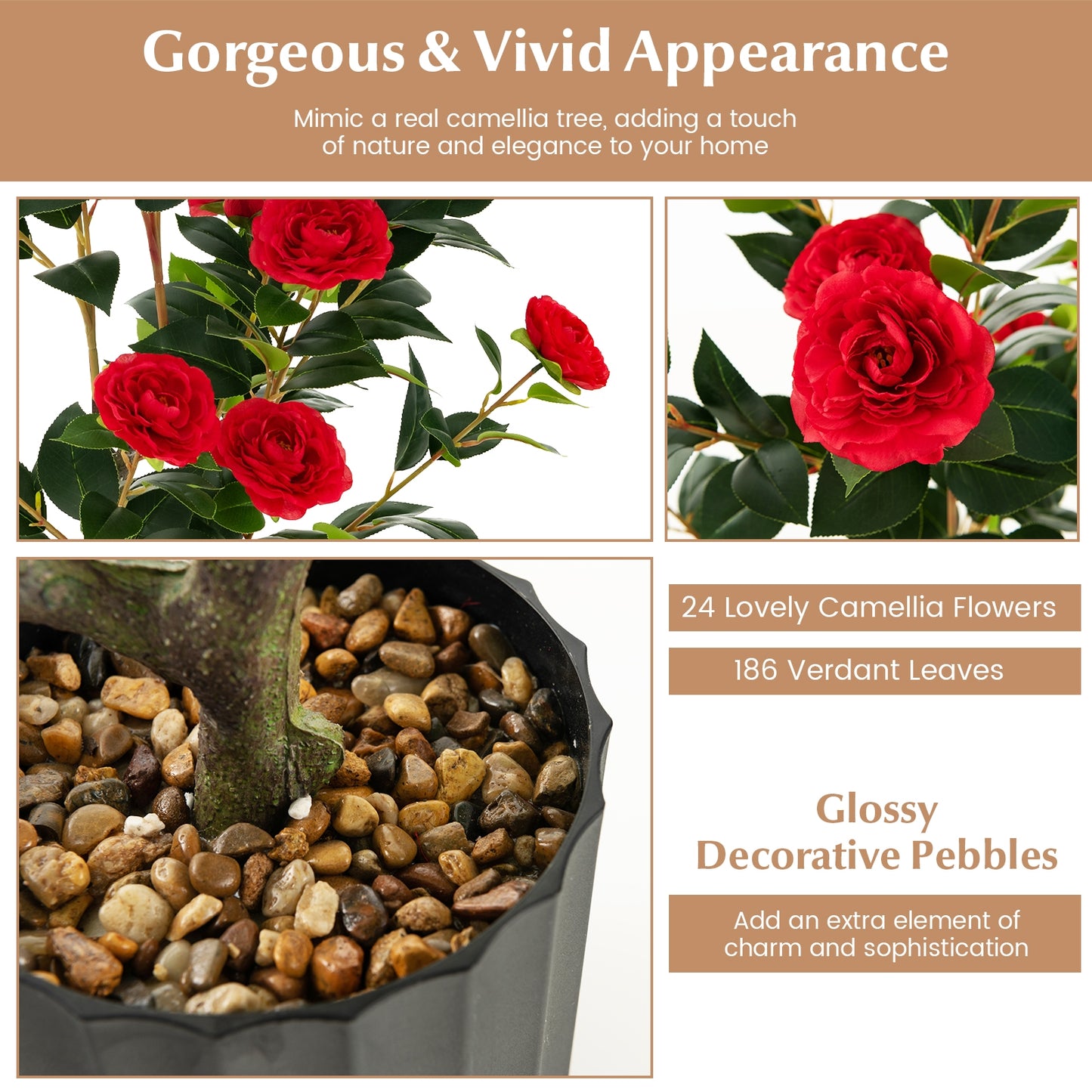38 Inch Artificial Camellia Tree with Red, White, or Yellow Flowers in Cement Pot