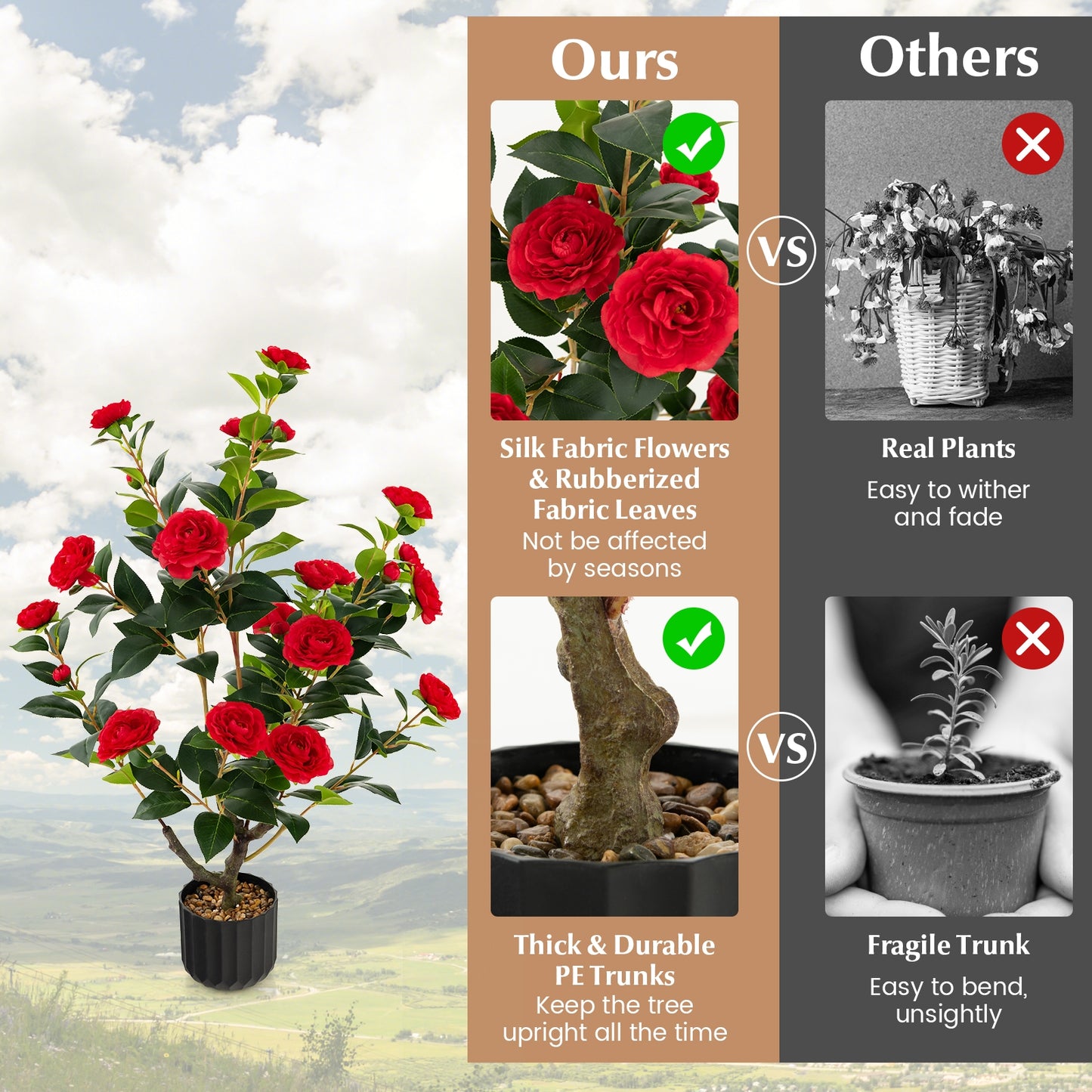 38 Inch Artificial Camellia Tree with Red, White, or Yellow Flowers in Cement Pot