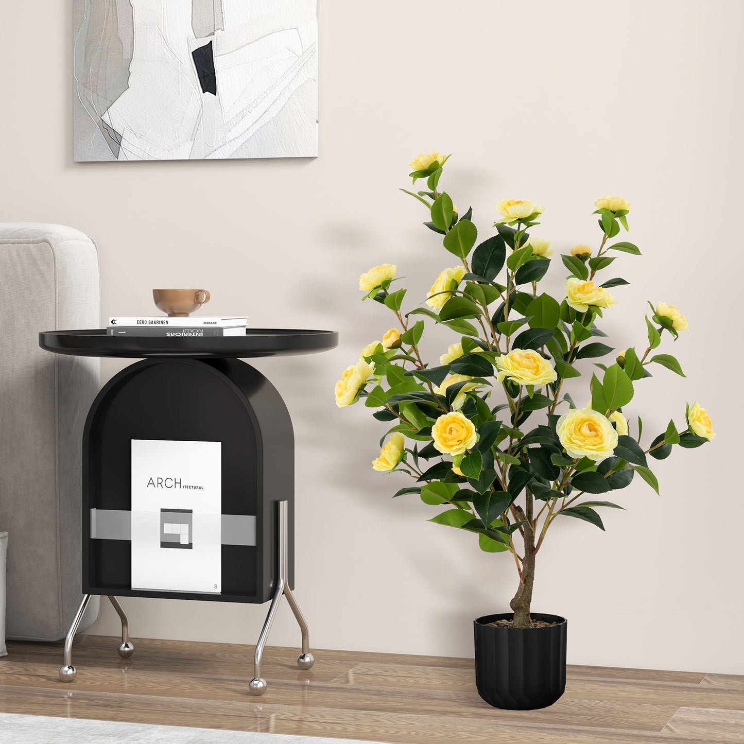 38 Inch Artificial Camellia Tree with Red, White, or Yellow Flowers in Cement Pot