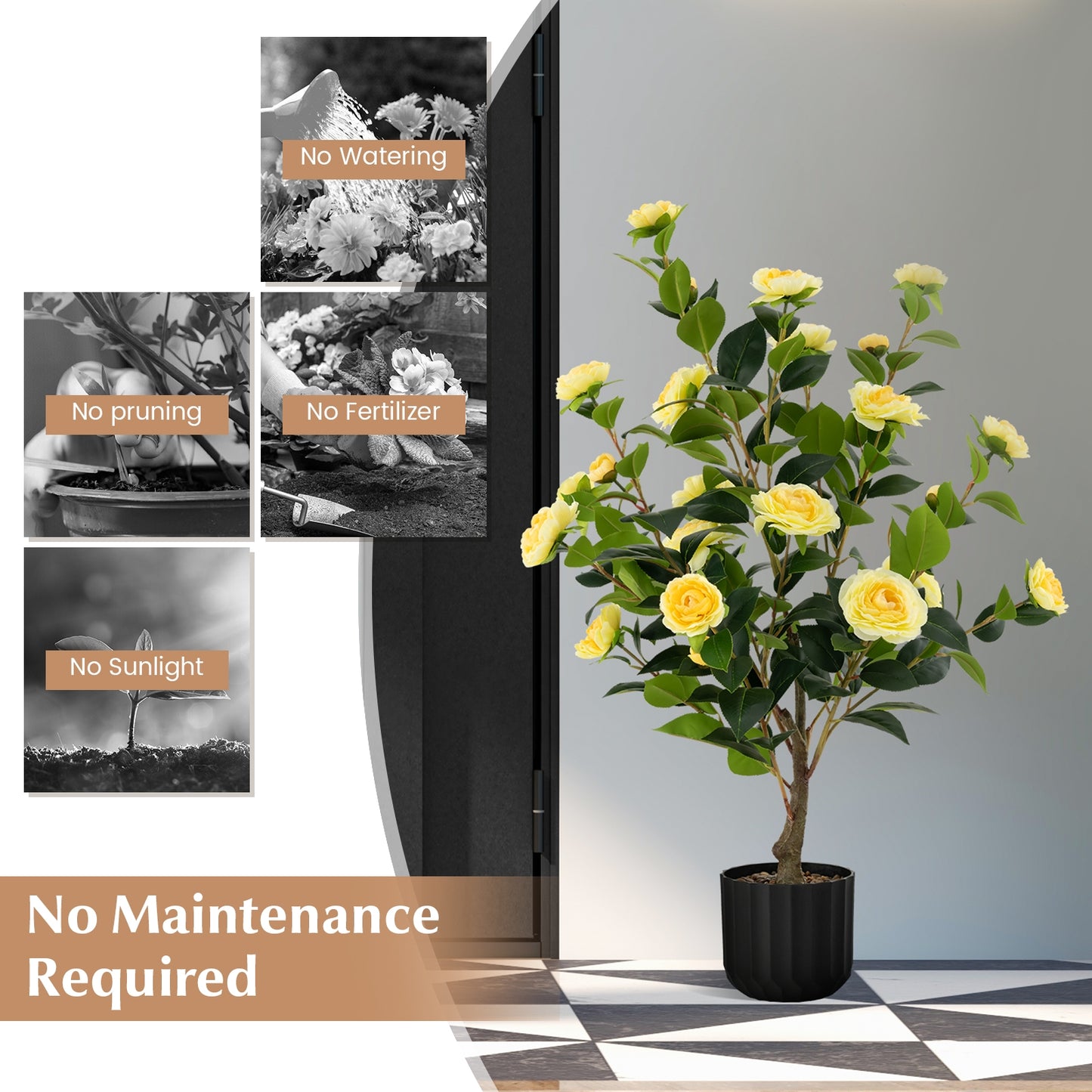 38 Inch Artificial Camellia Tree with Red, White, or Yellow Flowers in Cement Pot