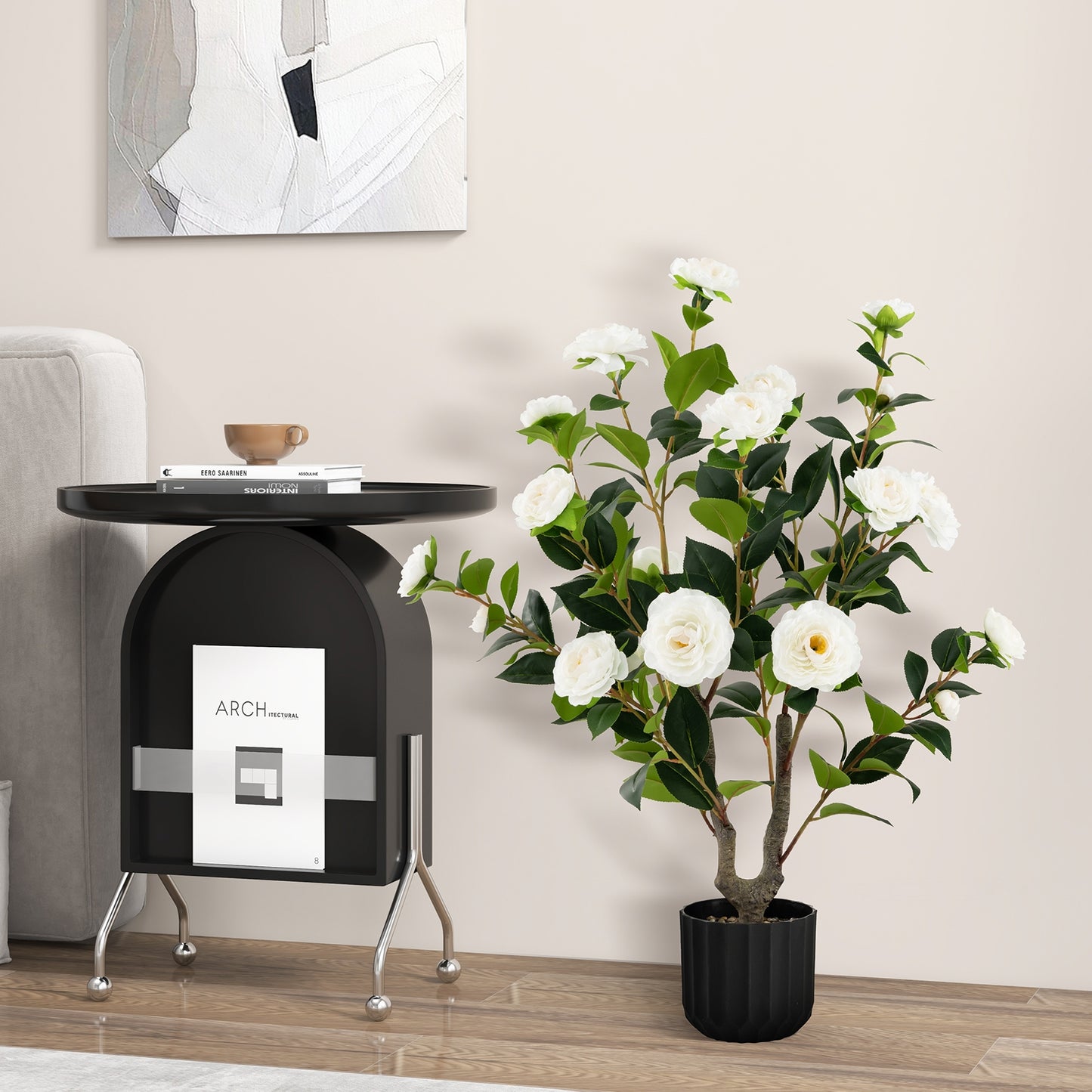 38 Inch Artificial Camellia Tree with Red, White, or Yellow Flowers in Cement Pot