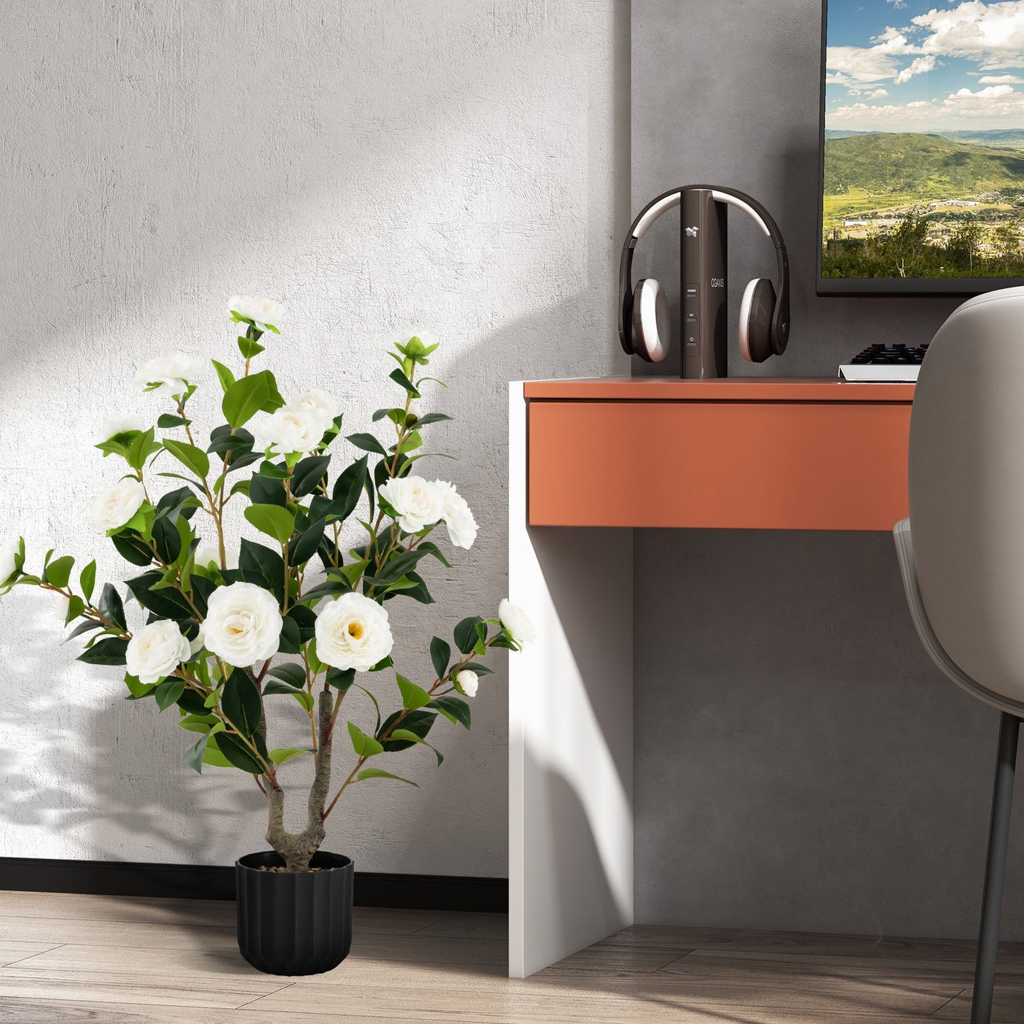 38 Inch Artificial Camellia Tree with Red, White, or Yellow Flowers in Cement Pot