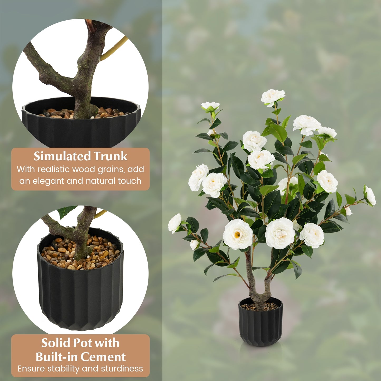 38 Inch Artificial Camellia Tree with Red, White, or Yellow Flowers in Cement Pot