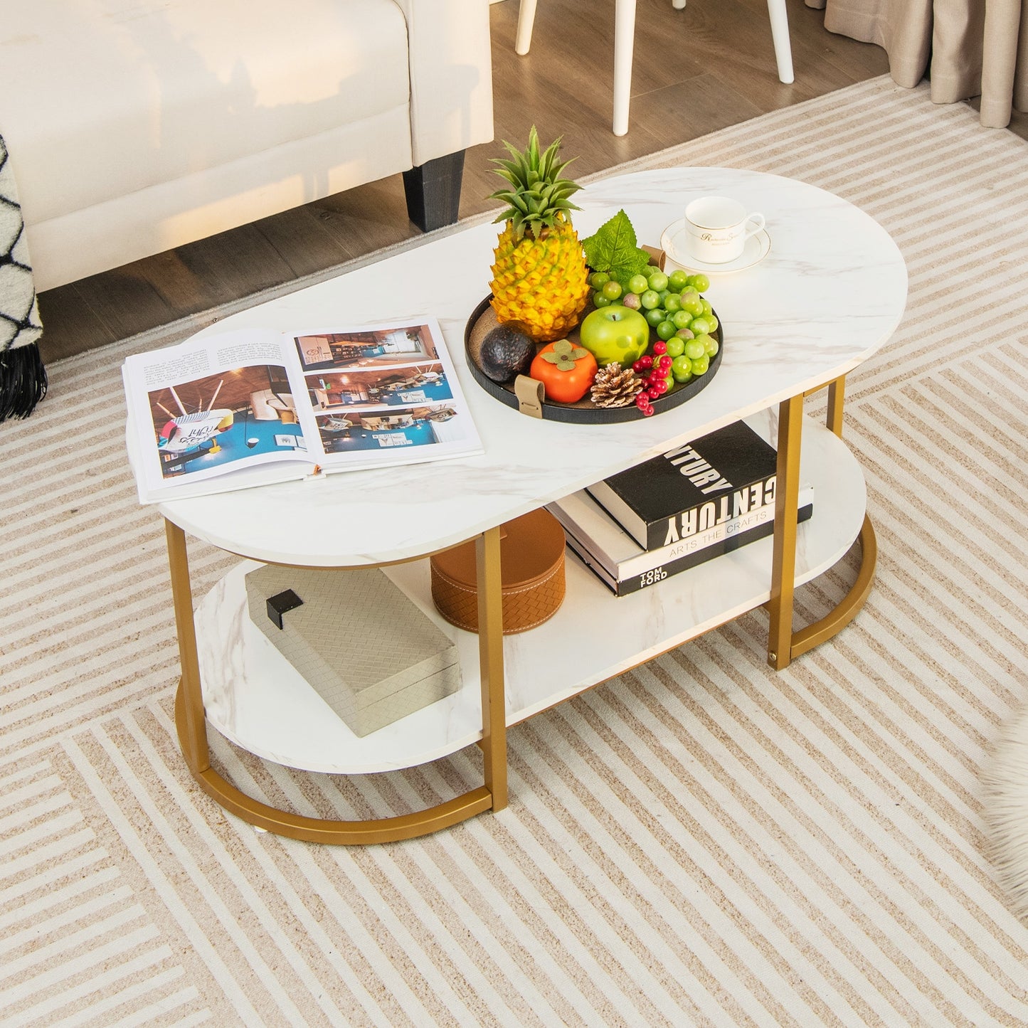 Elegant Marble Effect Coffee Table with Open Storage Shelf Gold Frame