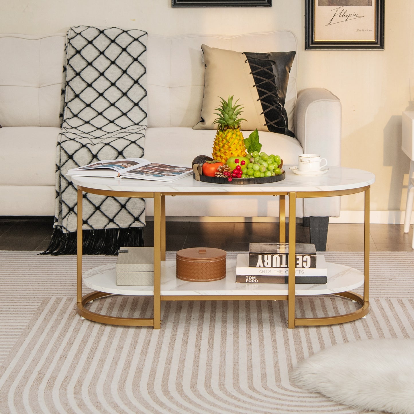 Elegant Marble Effect Coffee Table with Open Storage Shelf Gold Frame