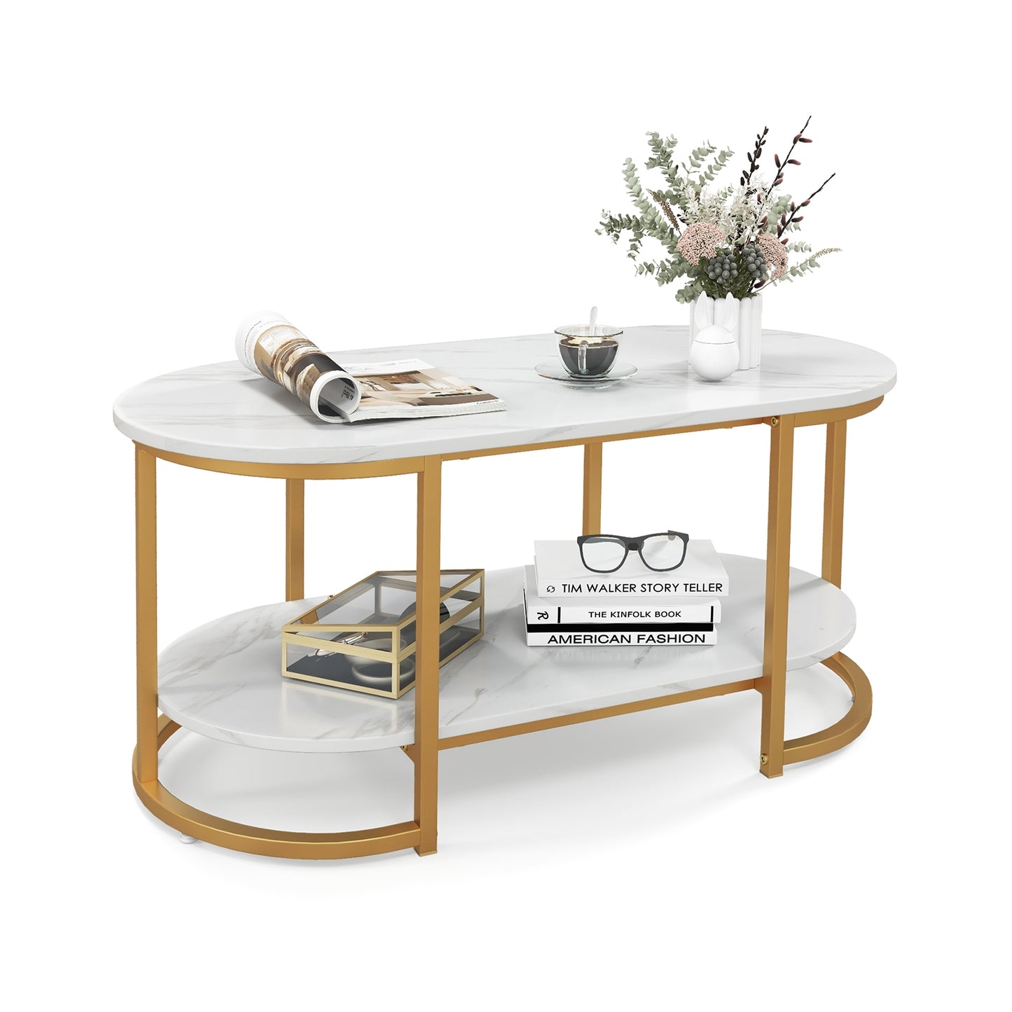 Elegant Marble Effect Coffee Table with Open Storage Shelf Gold Frame