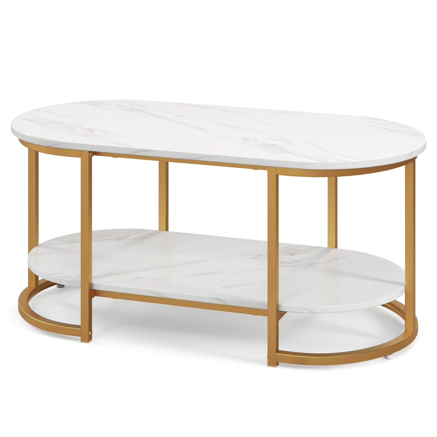 Elegant Marble Effect Coffee Table with Open Storage Shelf Gold Frame