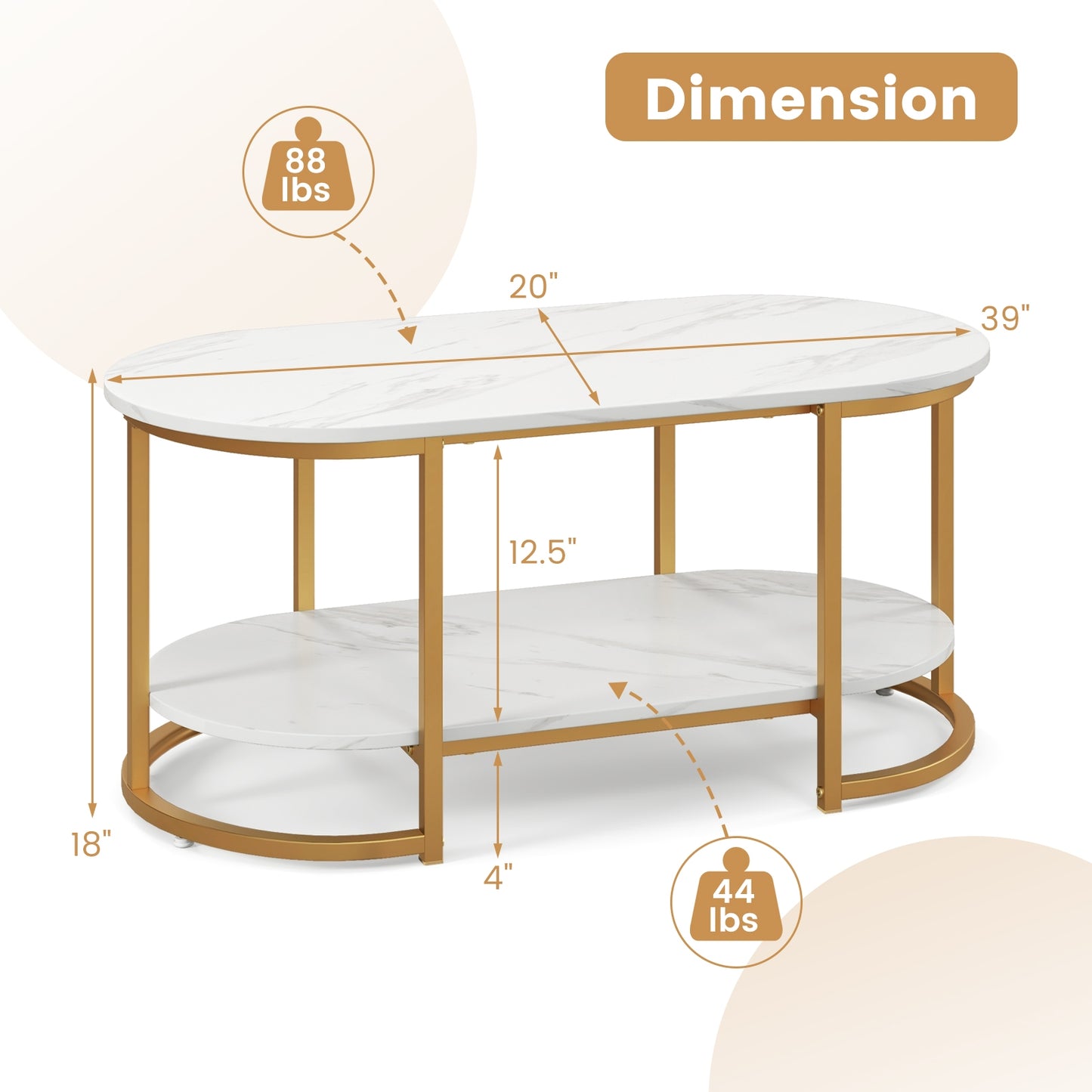 Elegant Marble Effect Coffee Table with Open Storage Shelf Gold Frame