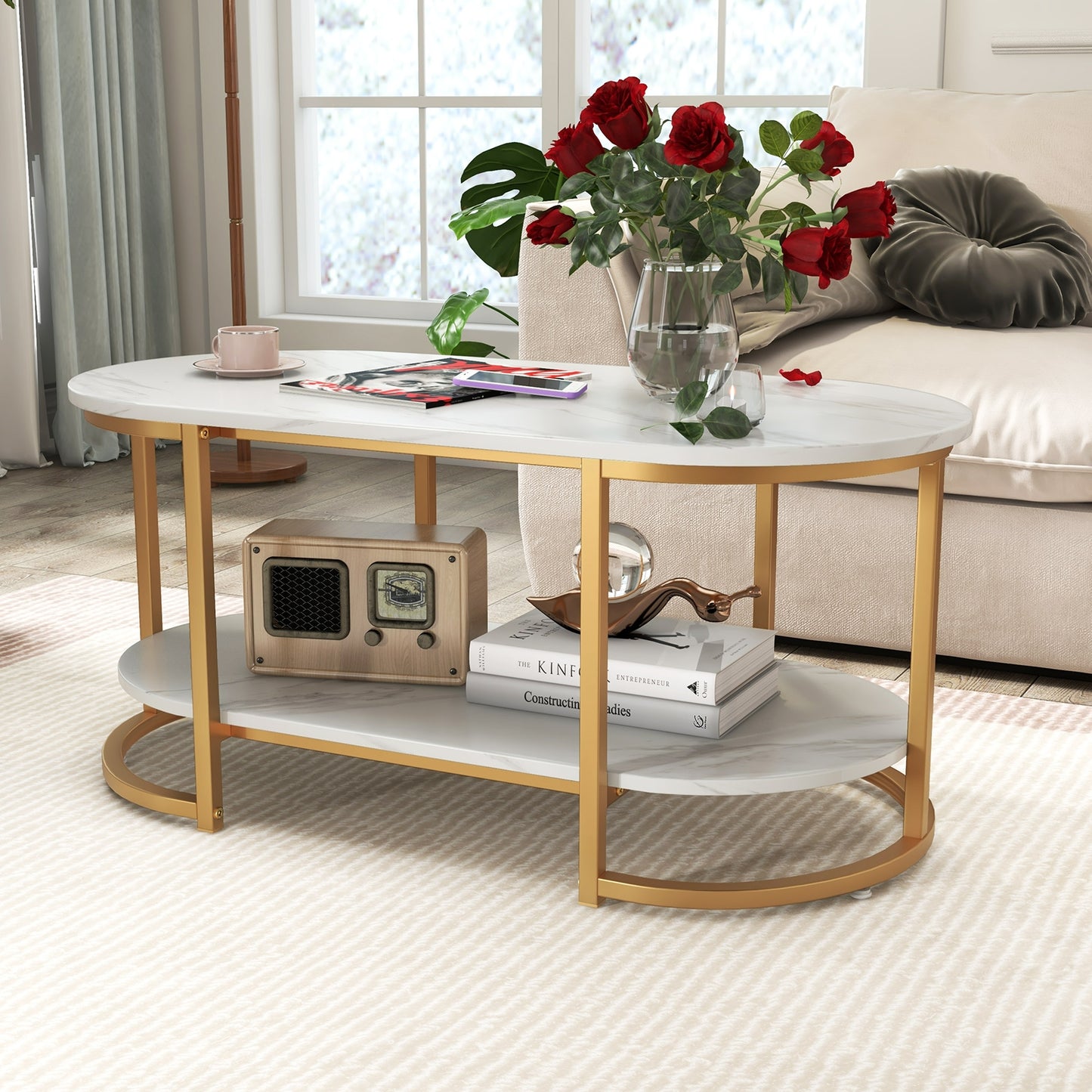 Elegant Marble Effect Coffee Table with Open Storage Shelf Gold Frame