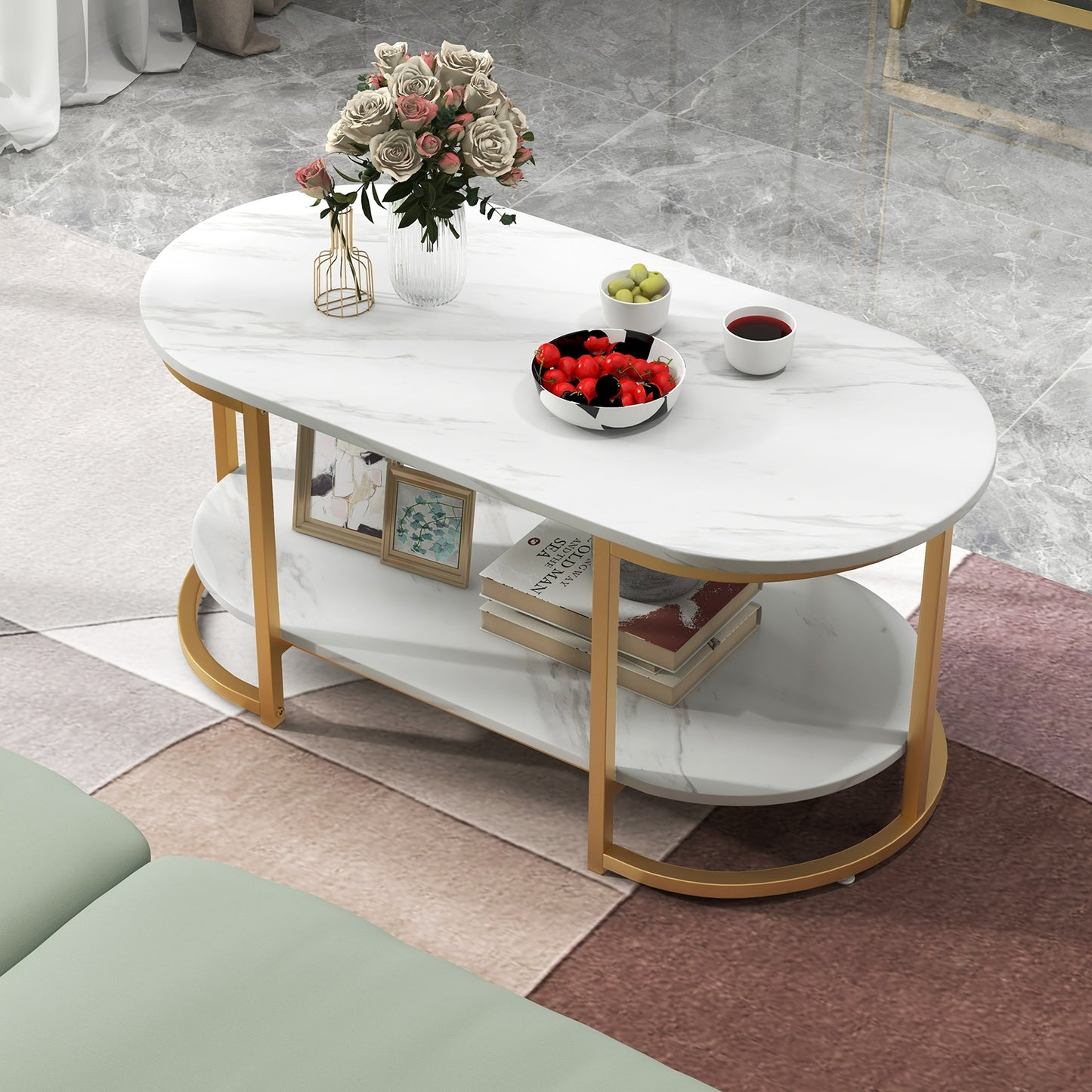 Elegant Marble Effect Coffee Table with Open Storage Shelf Gold Frame