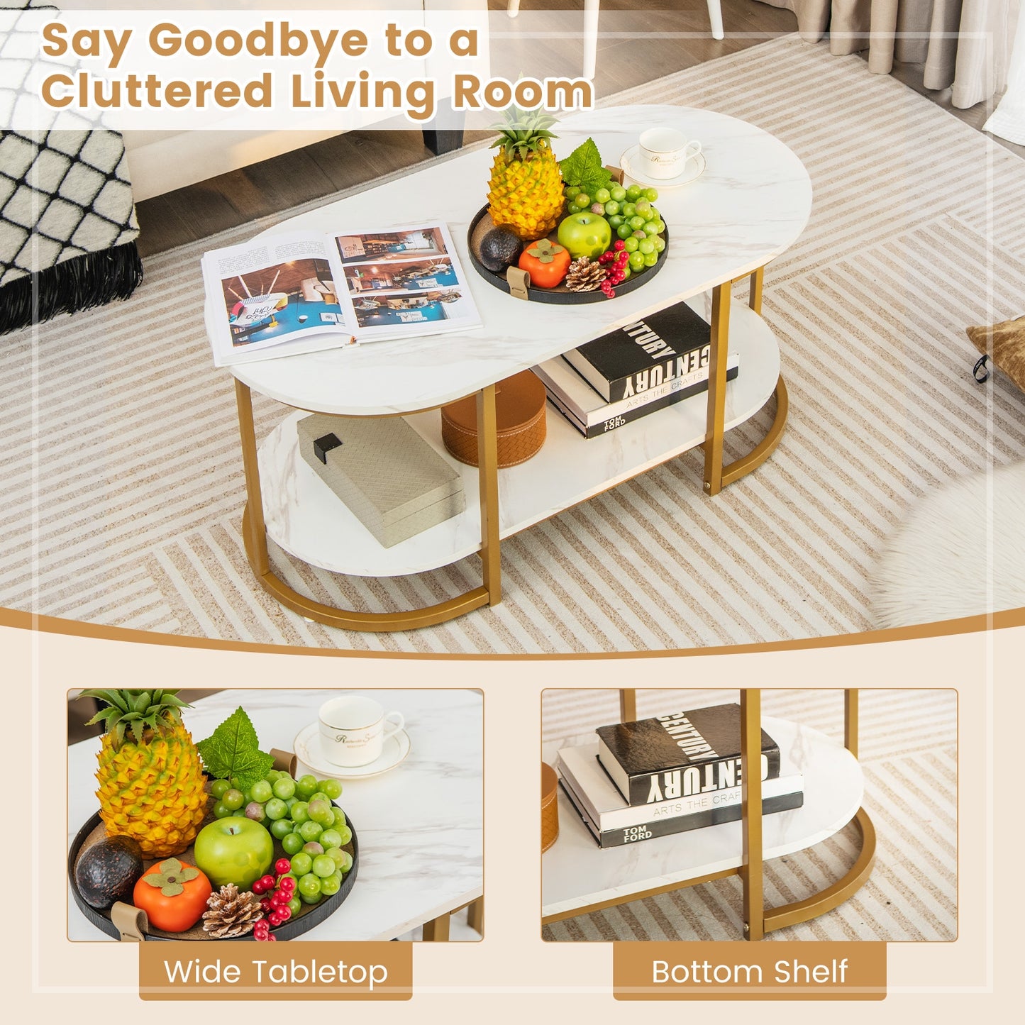 Elegant Marble Effect Coffee Table with Open Storage Shelf Gold Frame