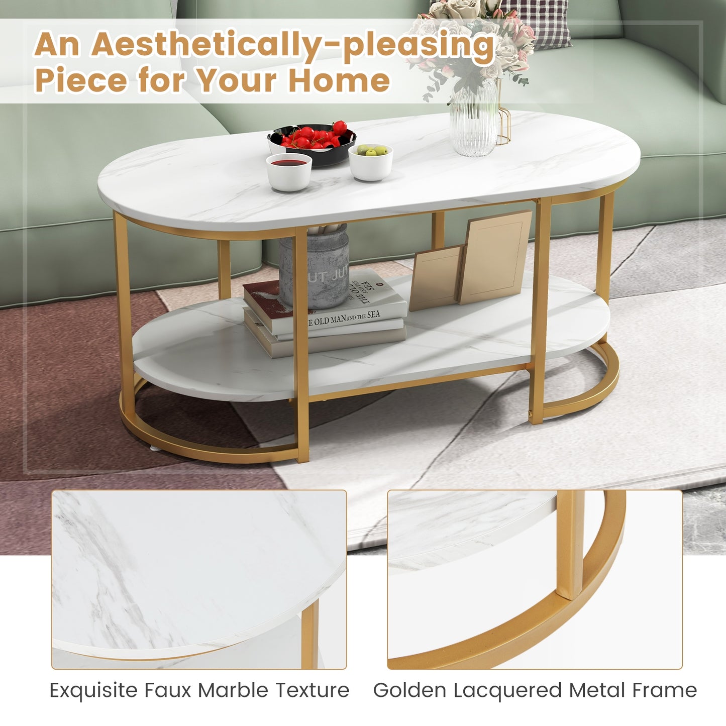 Elegant Marble Effect Coffee Table with Open Storage Shelf Gold Frame