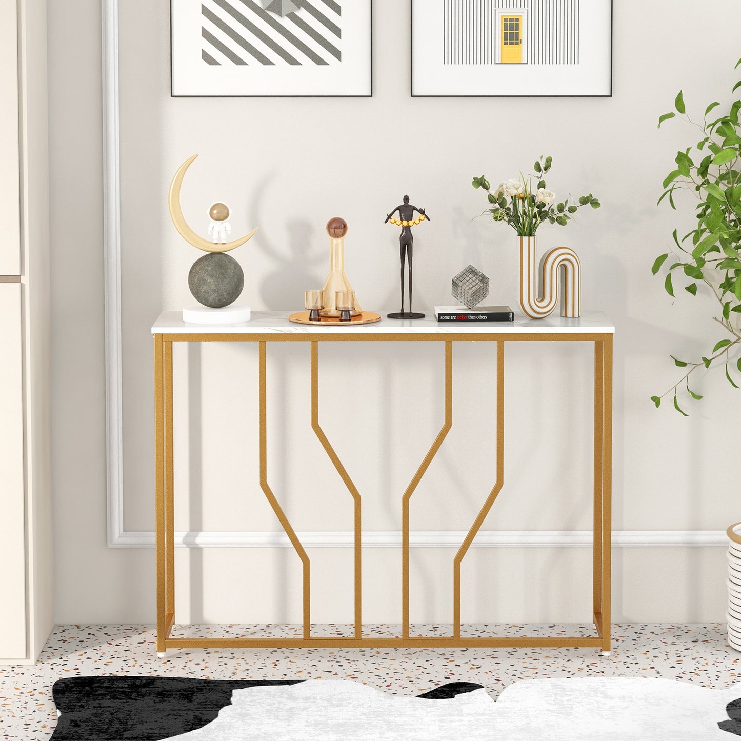 Elegant 44 Inch Console Table with White Faux Marble Top and Gold Base