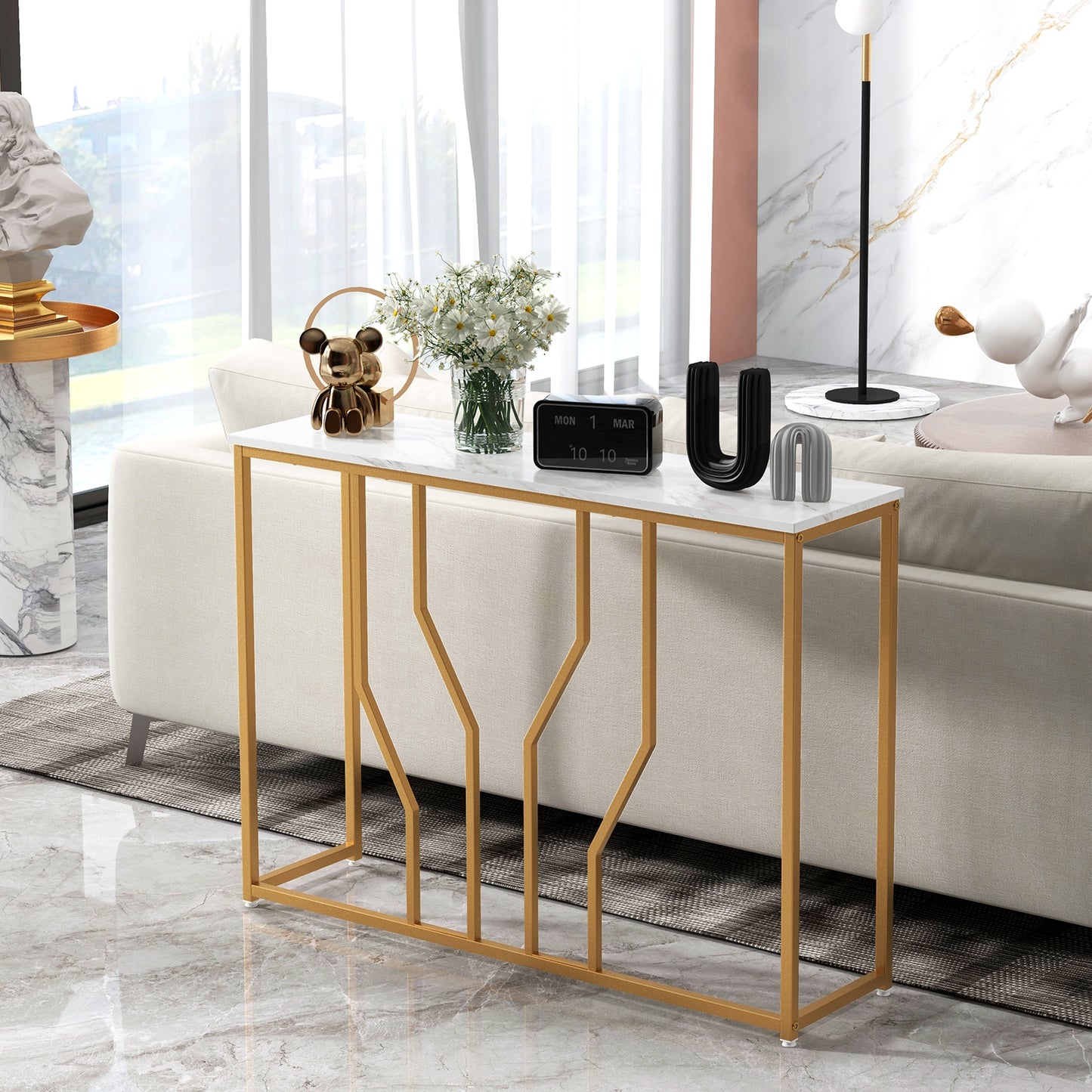 Elegant 44 Inch Console Table with White Faux Marble Top and Gold Base