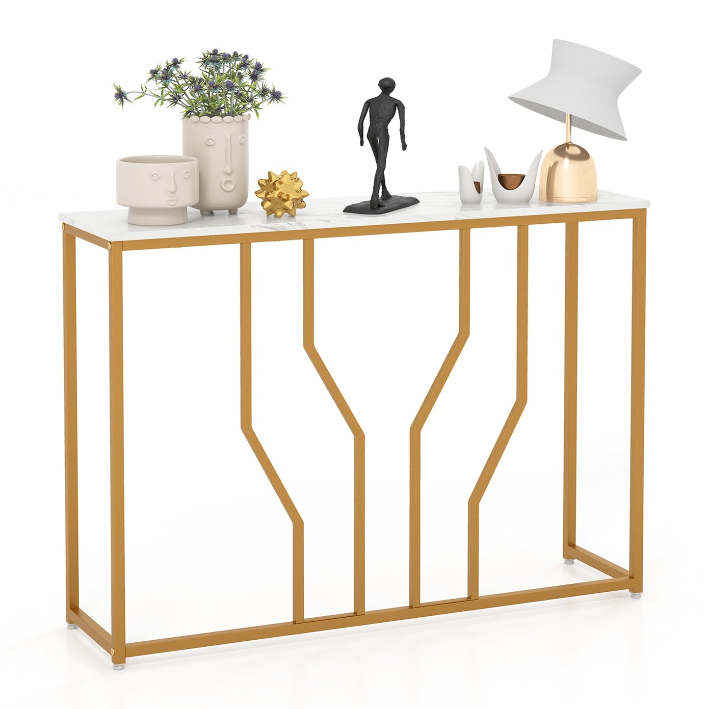 Elegant 44 Inch Console Table with White Faux Marble Top and Gold Base