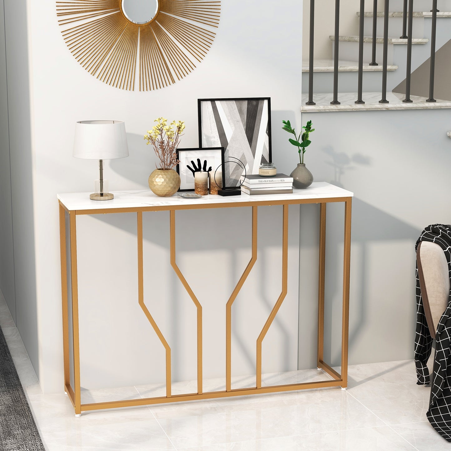 Elegant 44 Inch Console Table with White Faux Marble Top and Gold Base