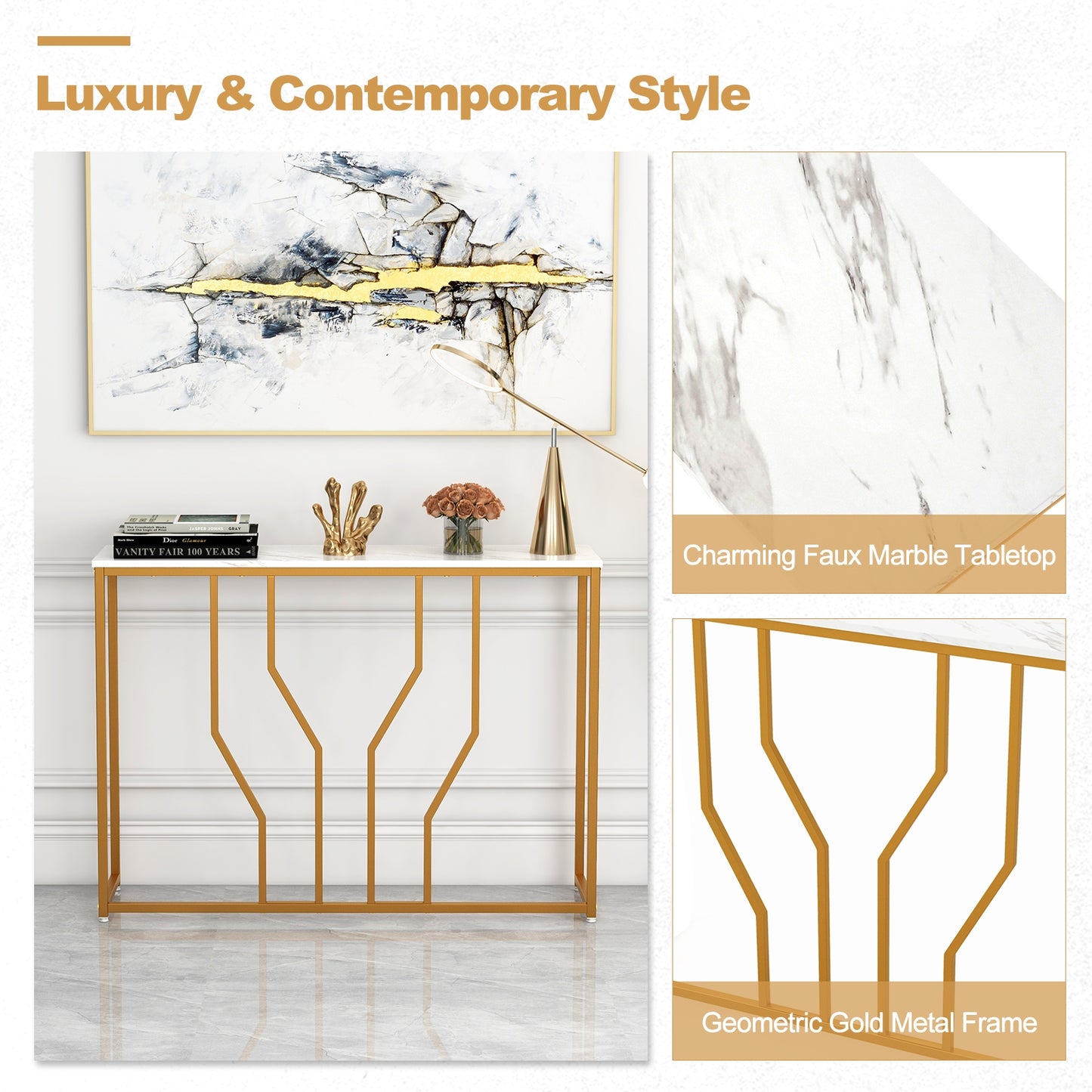 Elegant 44 Inch Console Table with White Faux Marble Top and Gold Base