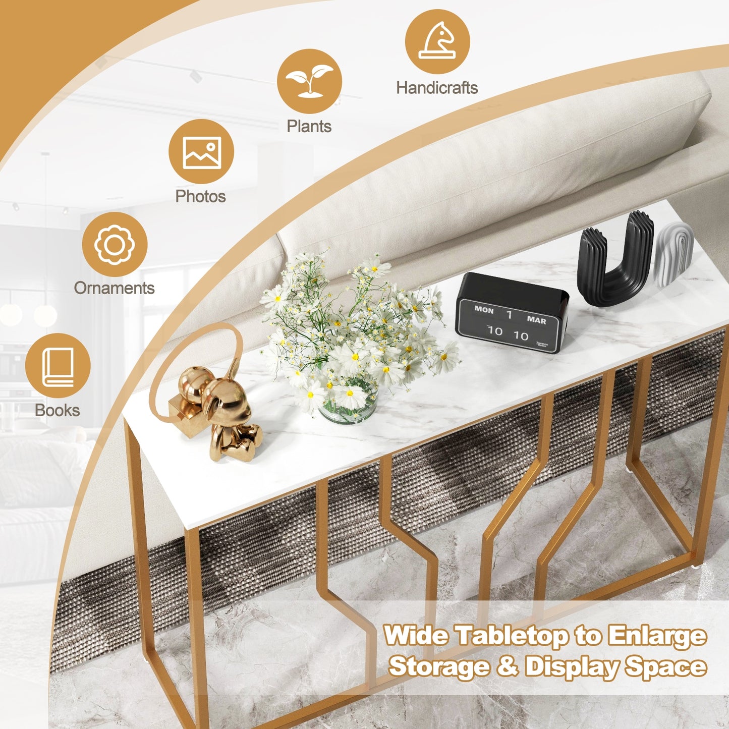 Elegant 44 Inch Console Table with White Faux Marble Top and Gold Base