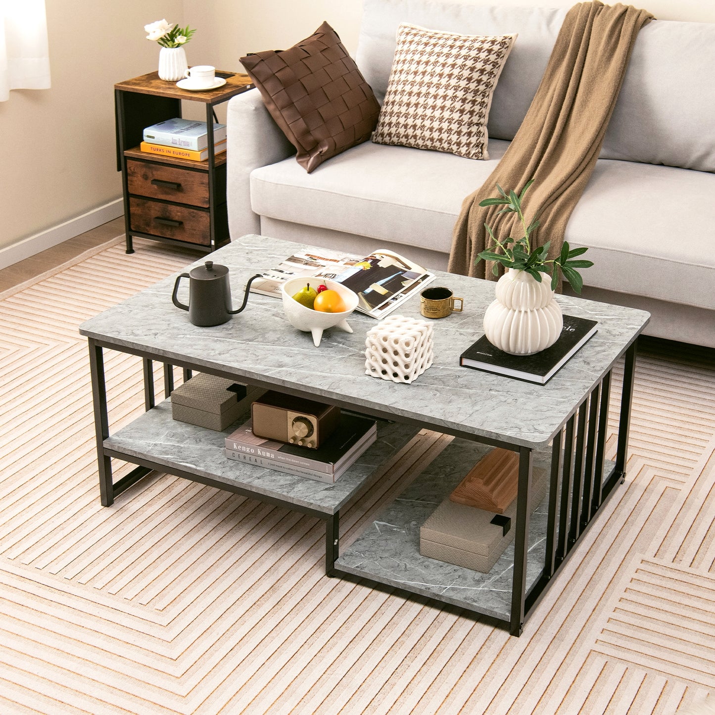 Elegant Faux Marble Coffee Table with Open Storage Shelves and Metal Frame