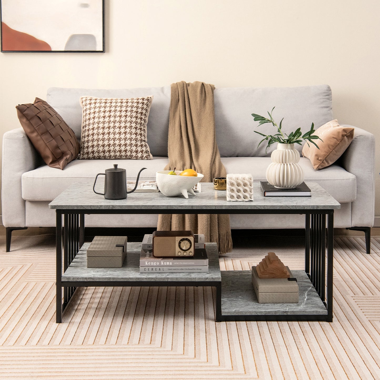 Elegant Faux Marble Coffee Table with Open Storage Shelves and Metal Frame