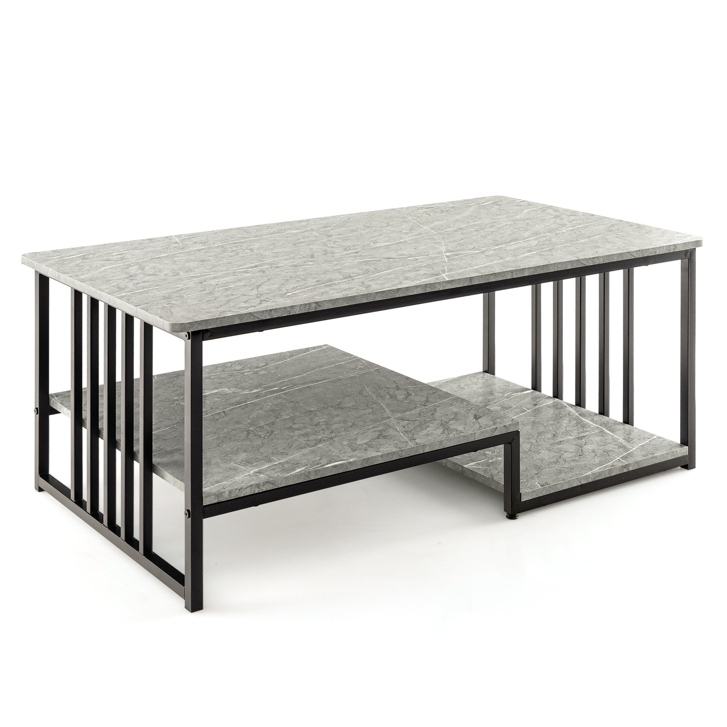 Elegant Faux Marble Coffee Table with Open Storage Shelves and Metal Frame