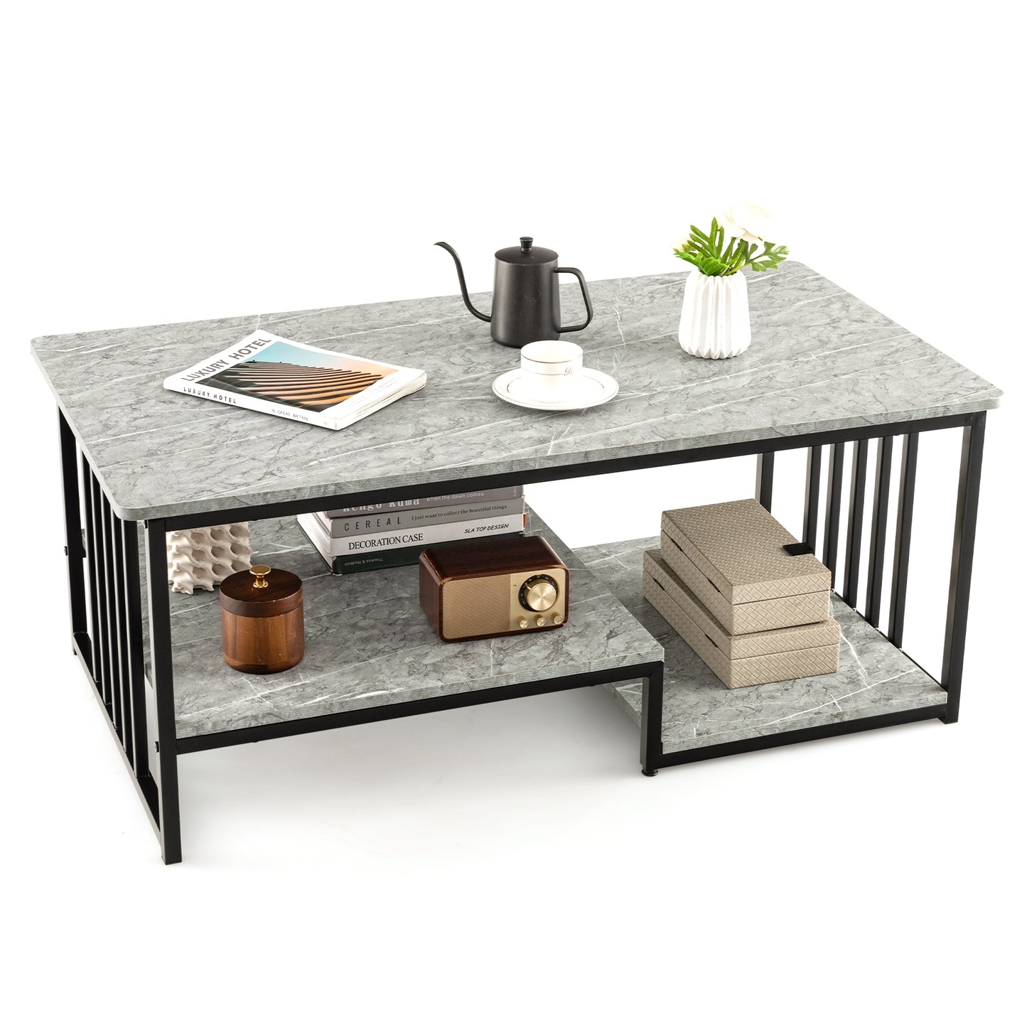 Elegant Faux Marble Coffee Table with Open Storage Shelves and Metal Frame