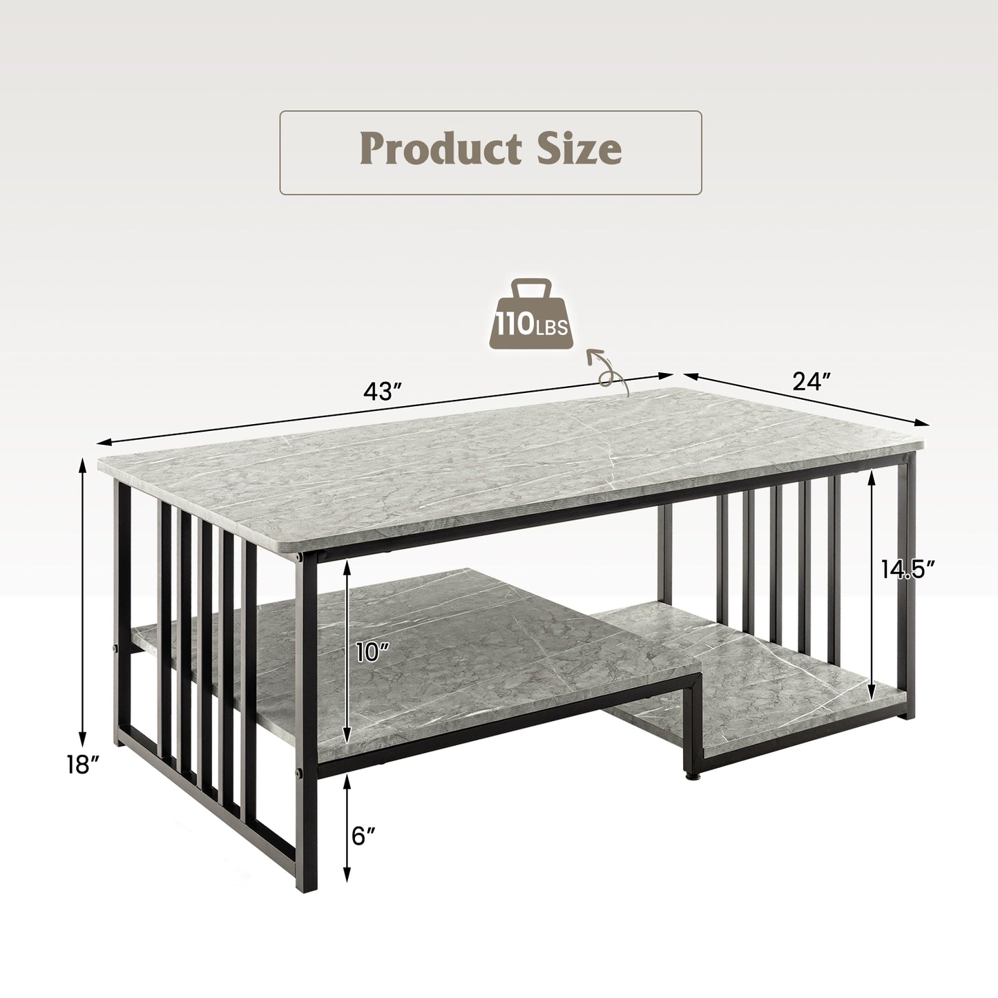 Elegant Faux Marble Coffee Table with Open Storage Shelves and Metal Frame