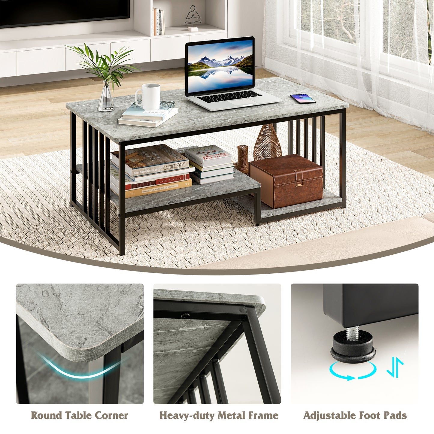 Elegant Faux Marble Coffee Table with Open Storage Shelves and Metal Frame