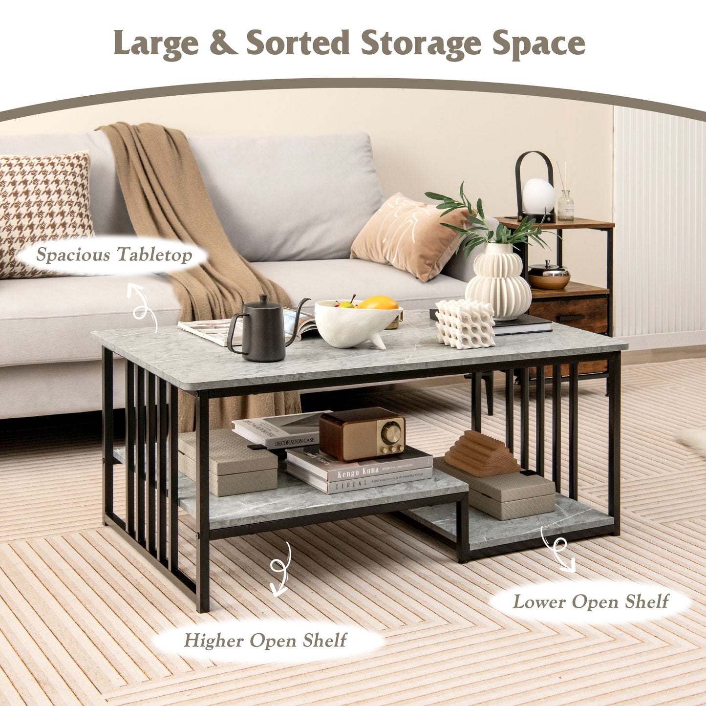 Elegant Faux Marble Coffee Table with Open Storage Shelves and Metal Frame