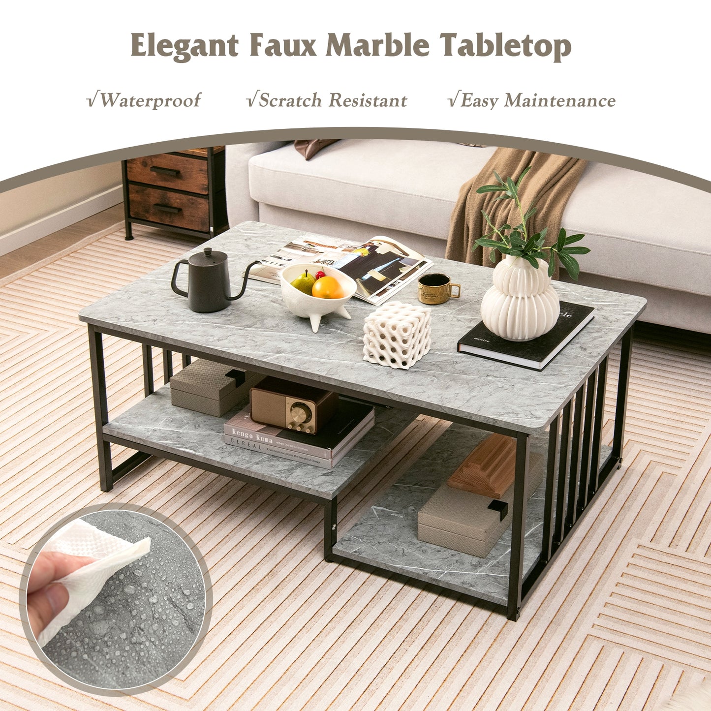 Elegant Faux Marble Coffee Table with Open Storage Shelves and Metal Frame