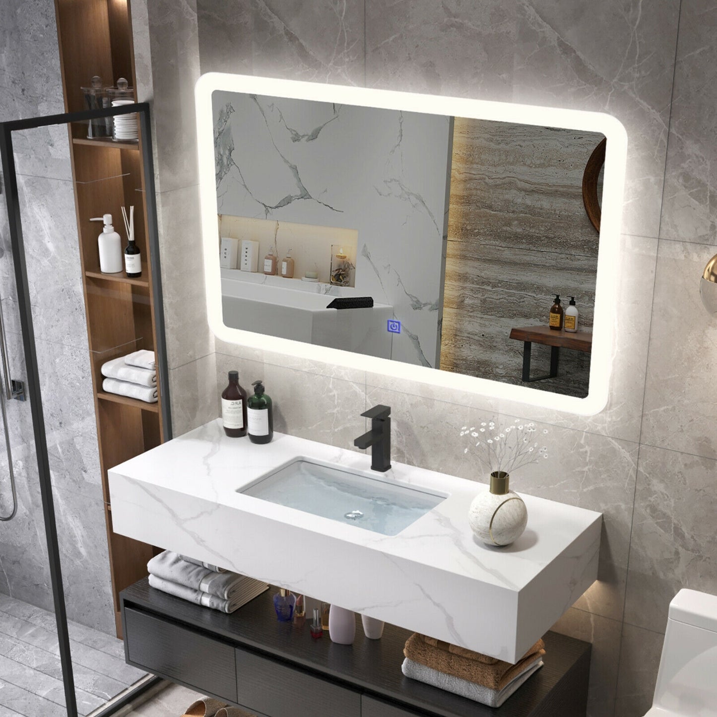 Touch Sensor LED Wall-Mounted Bathroom Mirror with Elegant Arc Corners