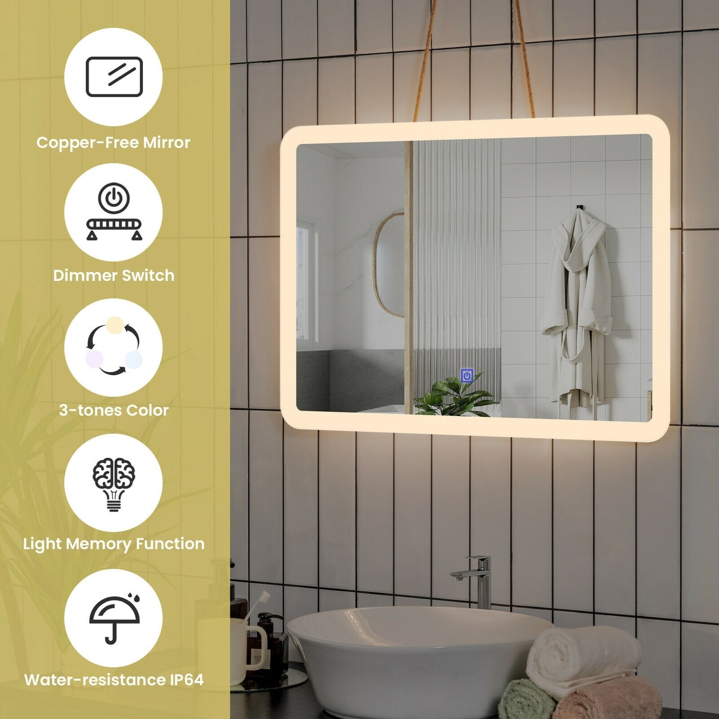Touch Sensor LED Wall-Mounted Bathroom Mirror with Elegant Arc Corners