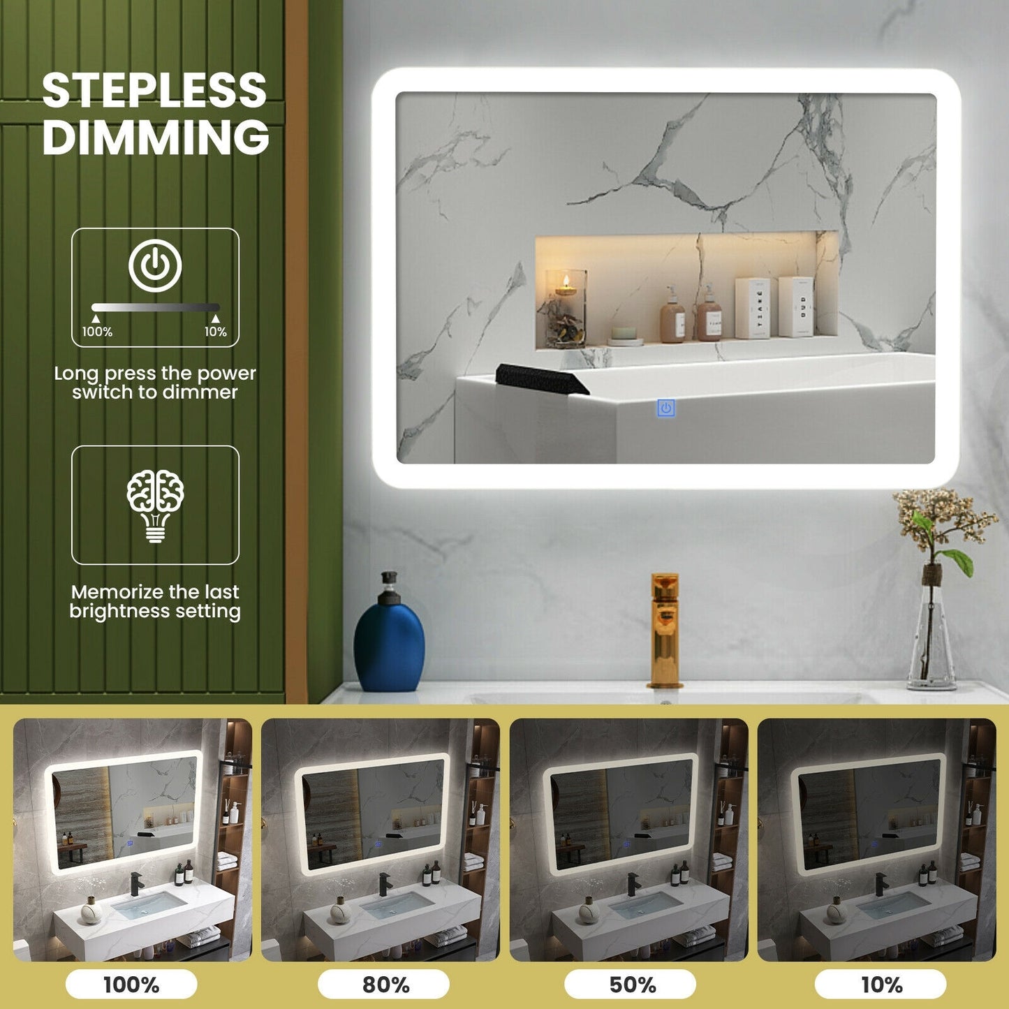 Touch Sensor LED Wall-Mounted Bathroom Mirror with Elegant Arc Corners