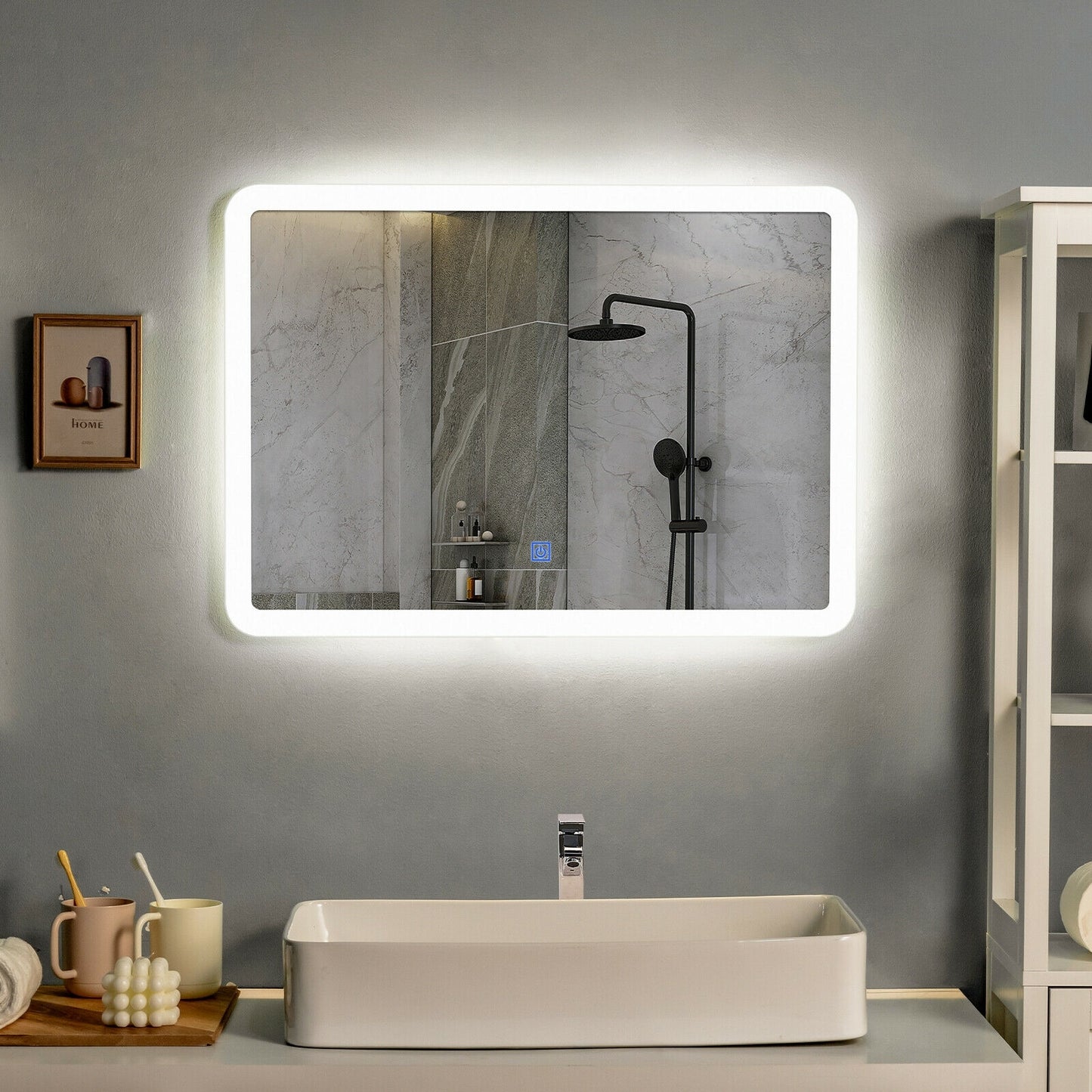 Touch Sensor LED Wall-Mounted Bathroom Mirror with Elegant Arc Corners