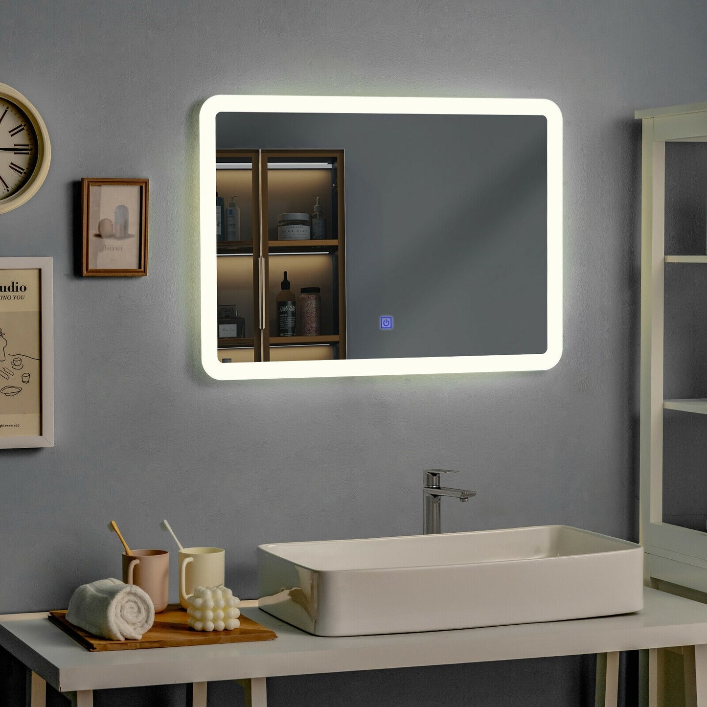 Touch Sensor LED Wall-Mounted Bathroom Mirror with Elegant Arc Corners