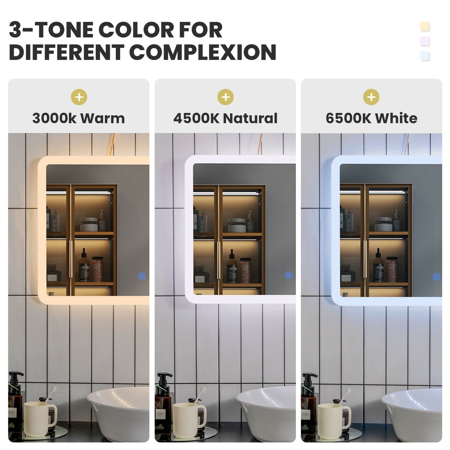 Touch Sensor LED Wall-Mounted Bathroom Mirror with Elegant Arc Corners