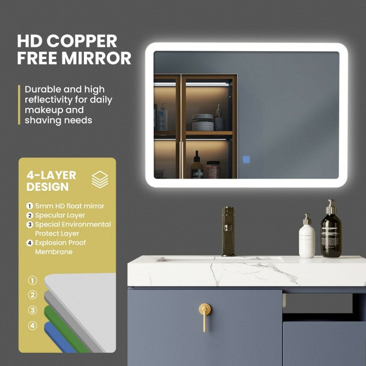 Touch Sensor LED Wall-Mounted Bathroom Mirror with Elegant Arc Corners