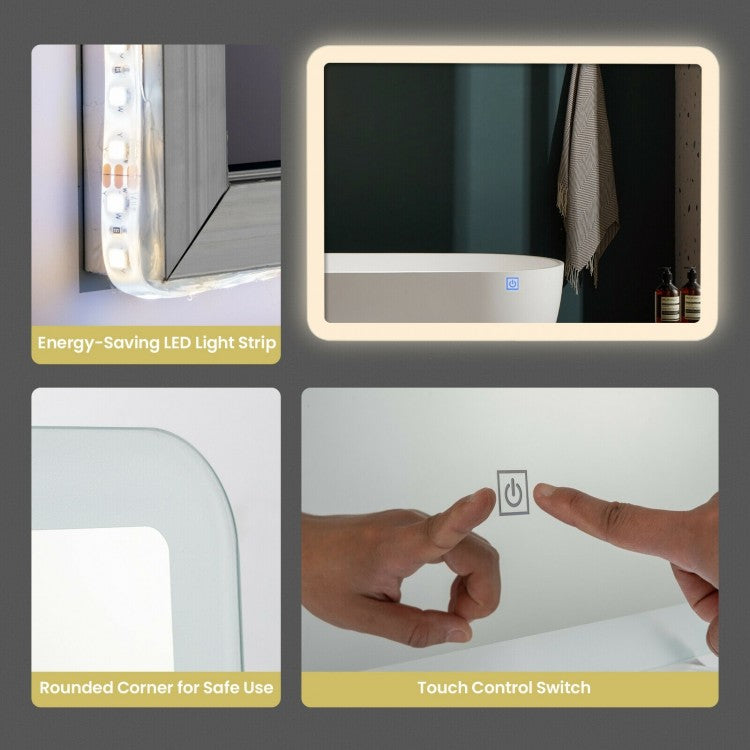Touch Sensor LED Wall-Mounted Bathroom Mirror with Elegant Arc Corners