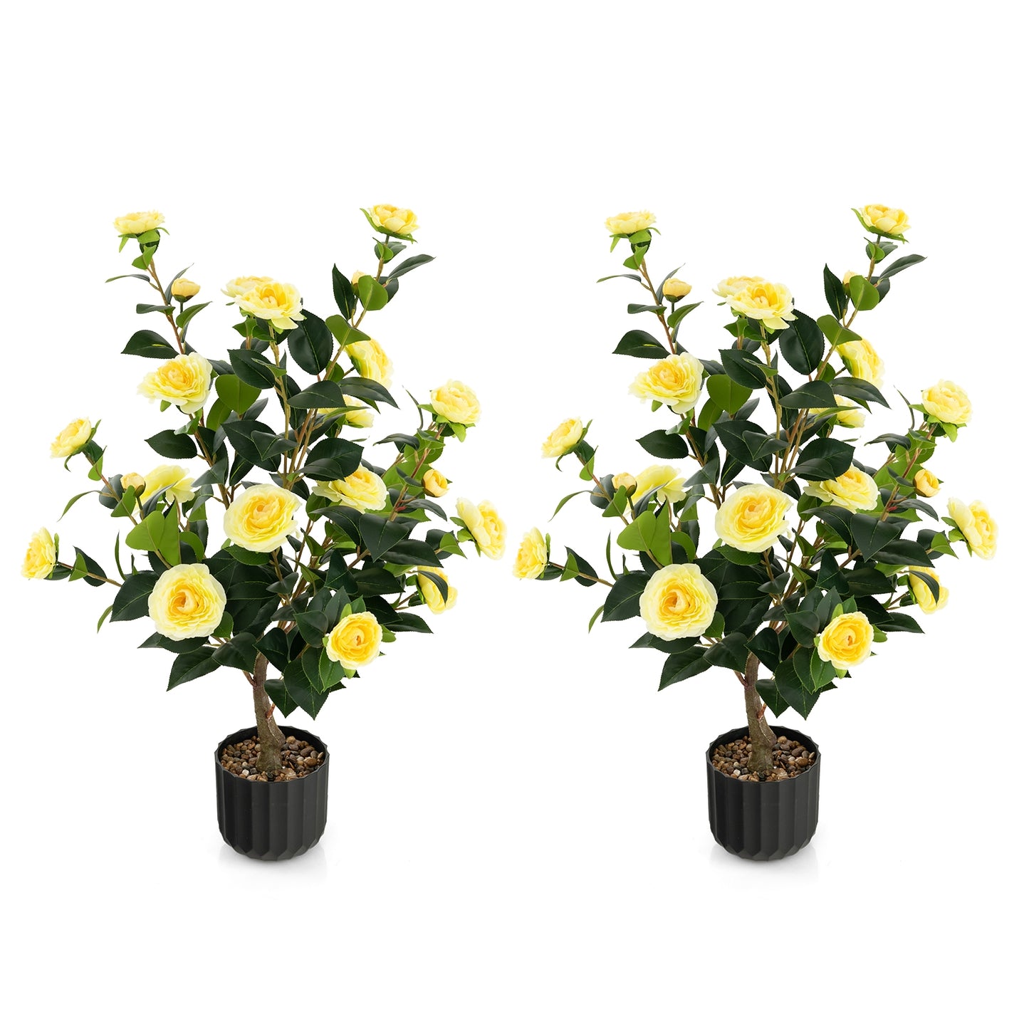 Set of 2 - 38 Inch Artificial Camellia Trees Faux Flower Plants in Cement Pots