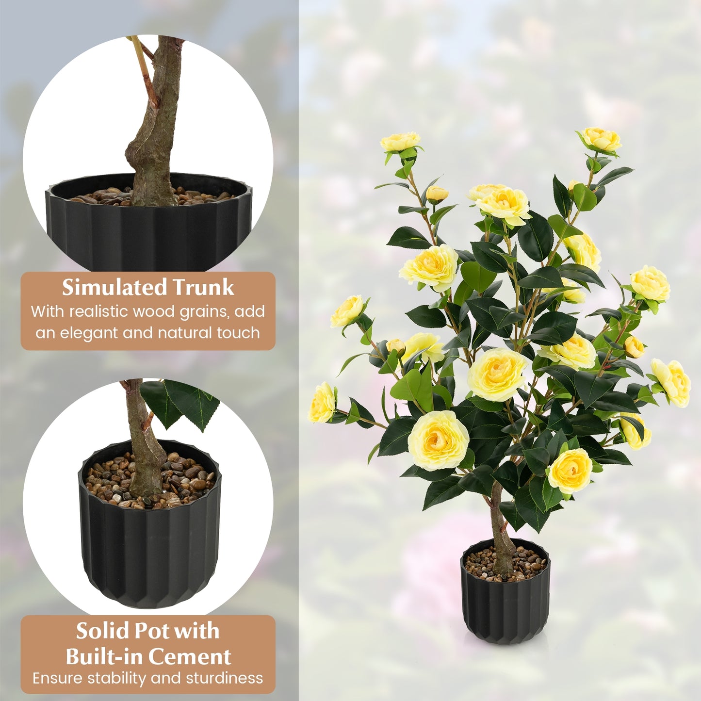 Set of 2 - 38 Inch Artificial Camellia Trees Faux Flower Plants in Cement Pots
