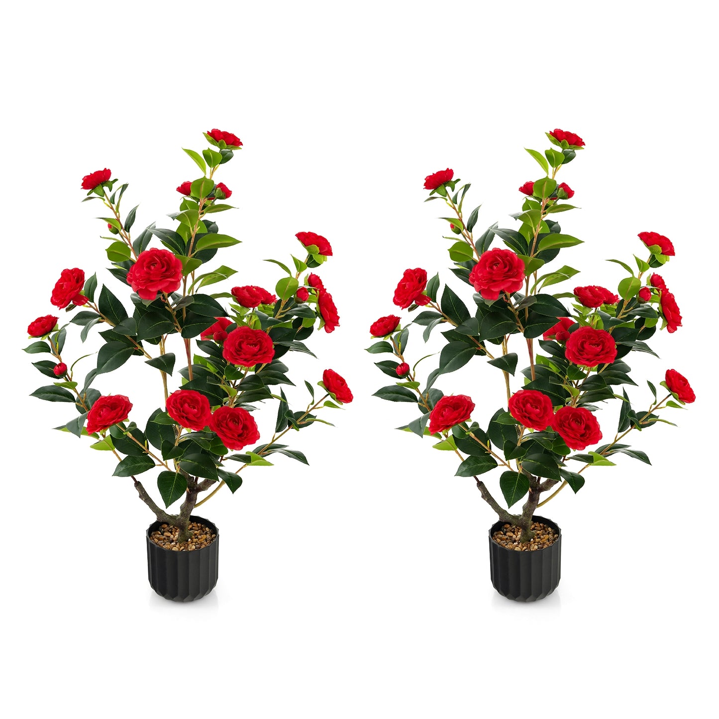 Set of 2 - 38 Inch Artificial Camellia Trees Faux Flower Plants in Cement Pots
