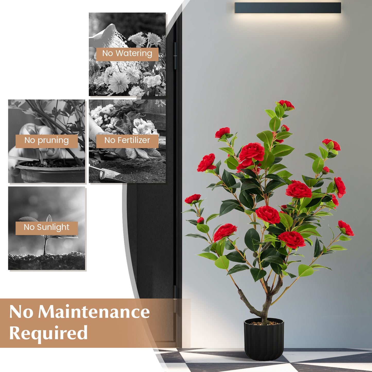 Set of 2 - 38 Inch Artificial Camellia Trees Faux Flower Plants in Cement Pots