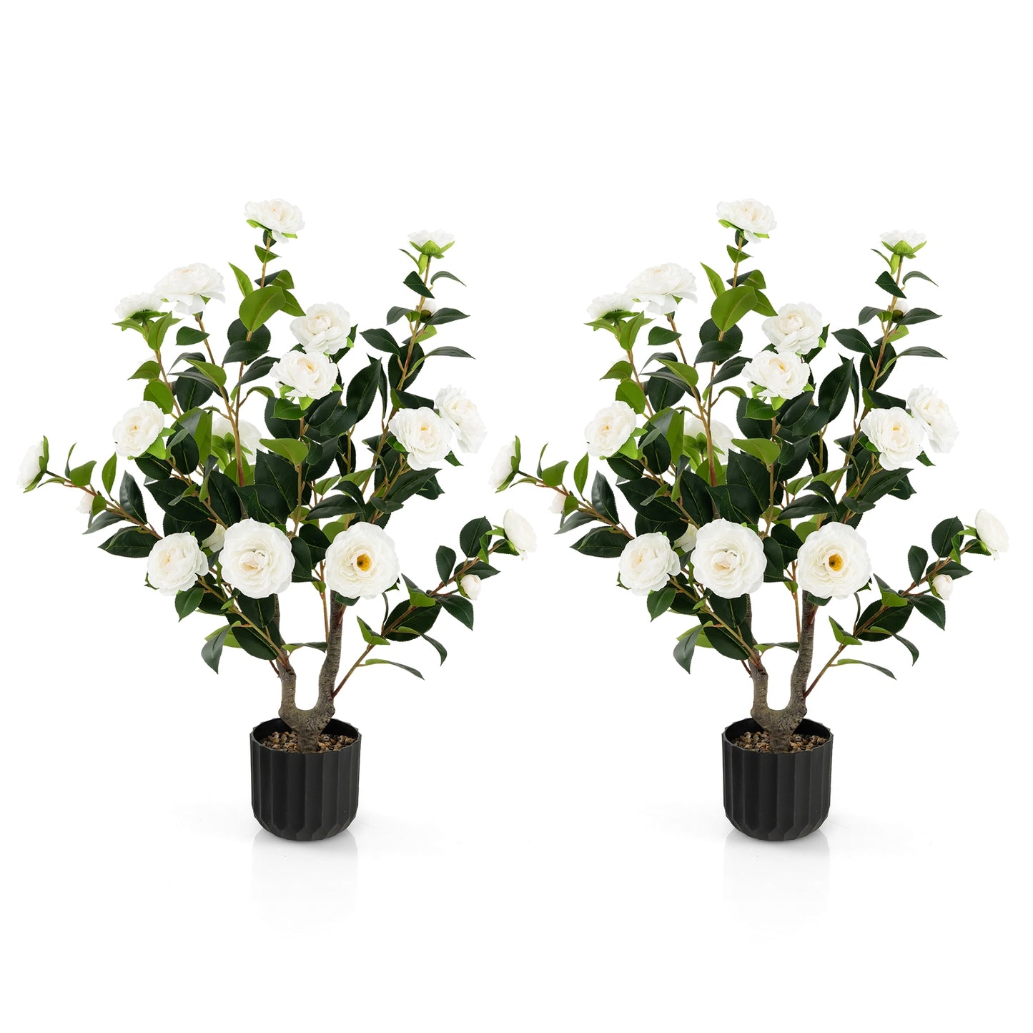 Set of 2 - 38 Inch Artificial Camellia Trees Faux Flower Plants in Cement Pots