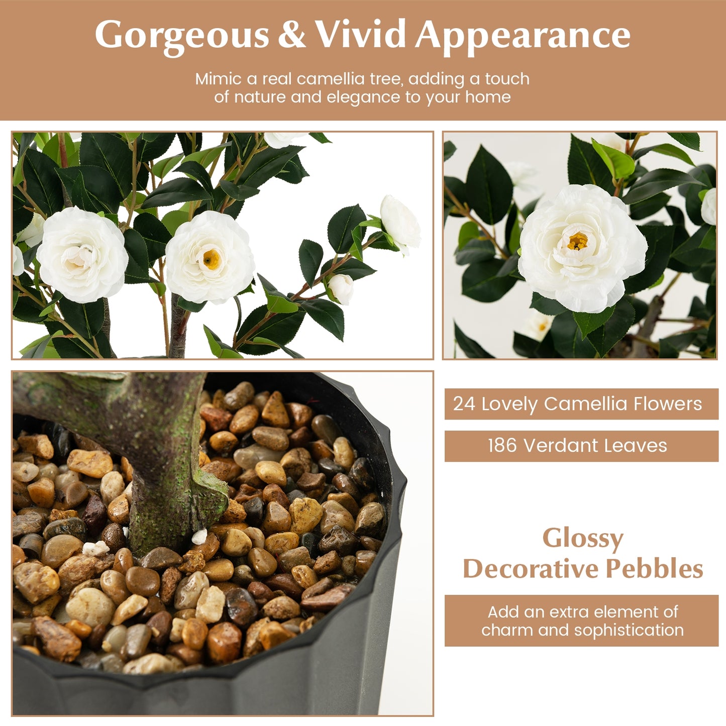 Set of 2 - 38 Inch Artificial Camellia Trees Faux Flower Plants in Cement Pots