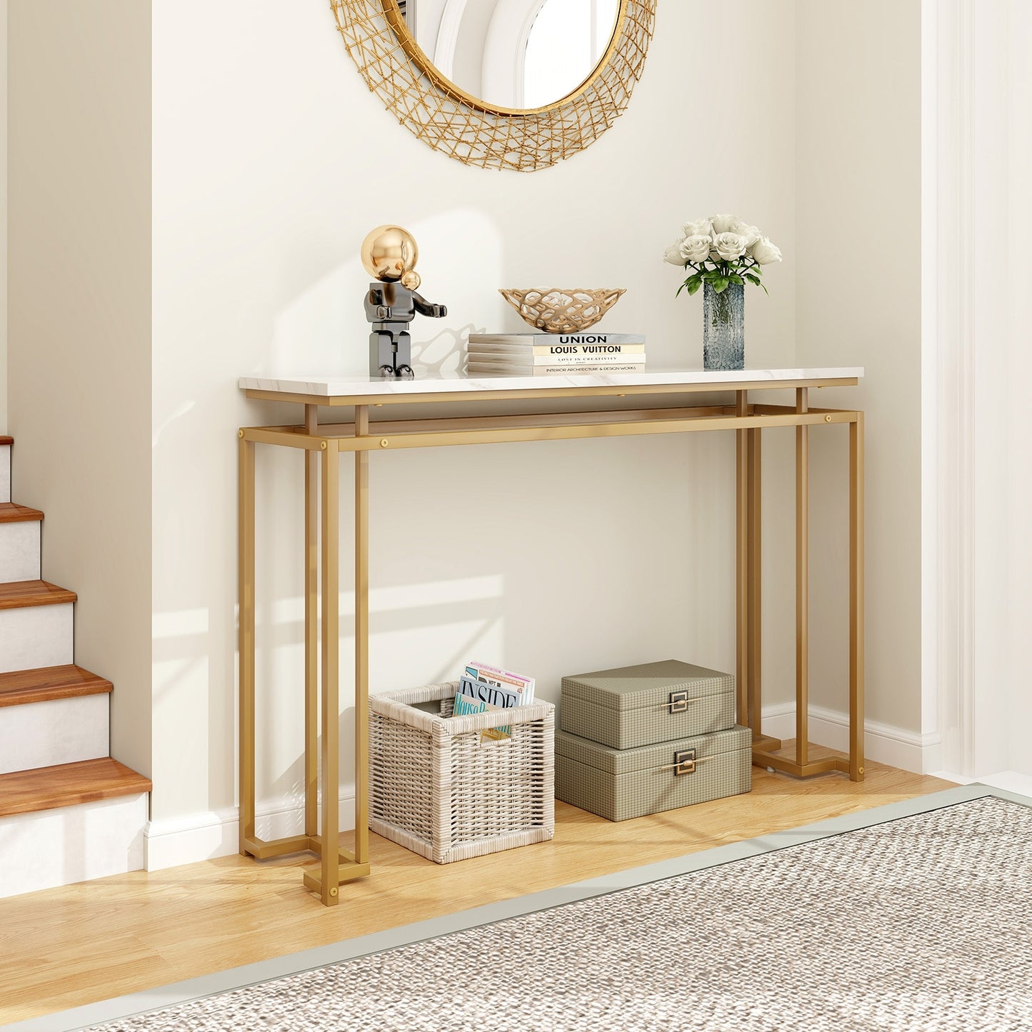 Elegant Entryway Table with Gold Frame and Secure Design for Living Room