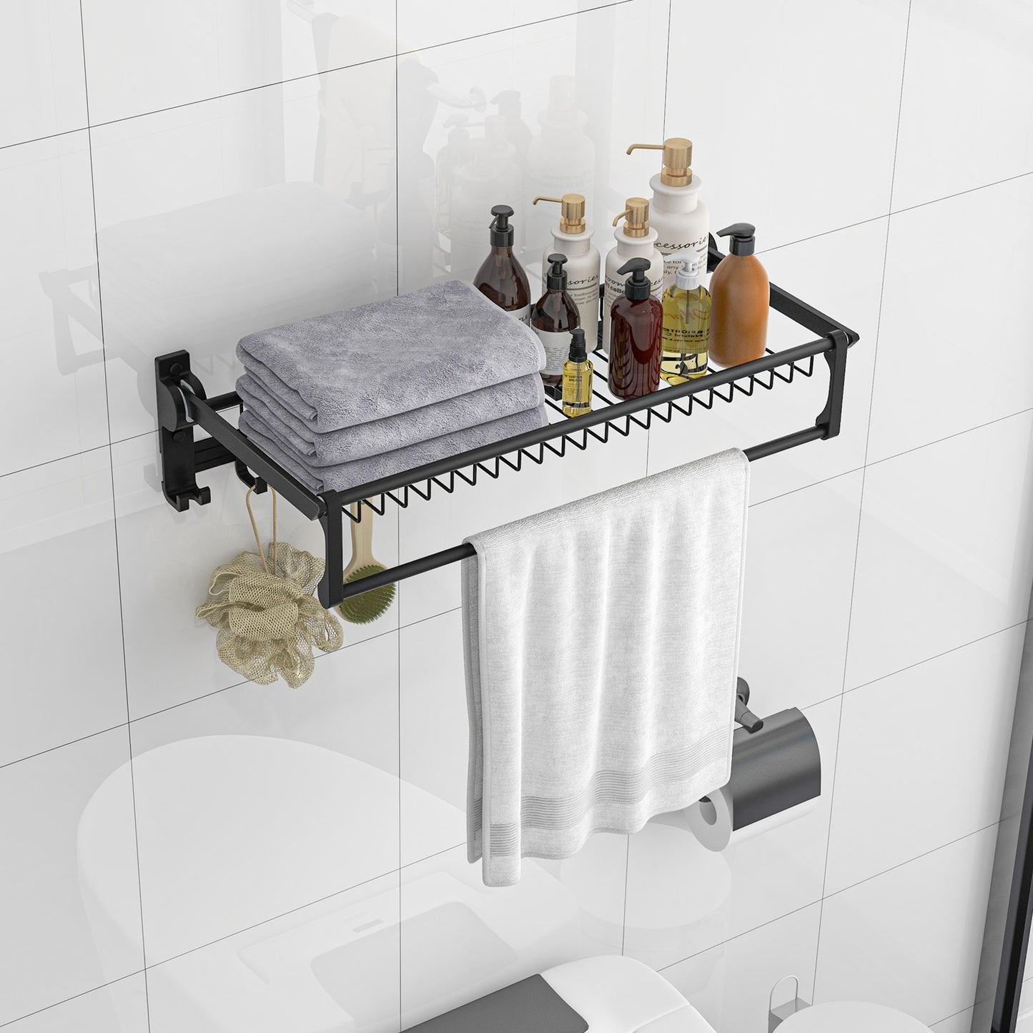 Foldable Space Aluminum Towel Rack with Storage Basket and Hooks