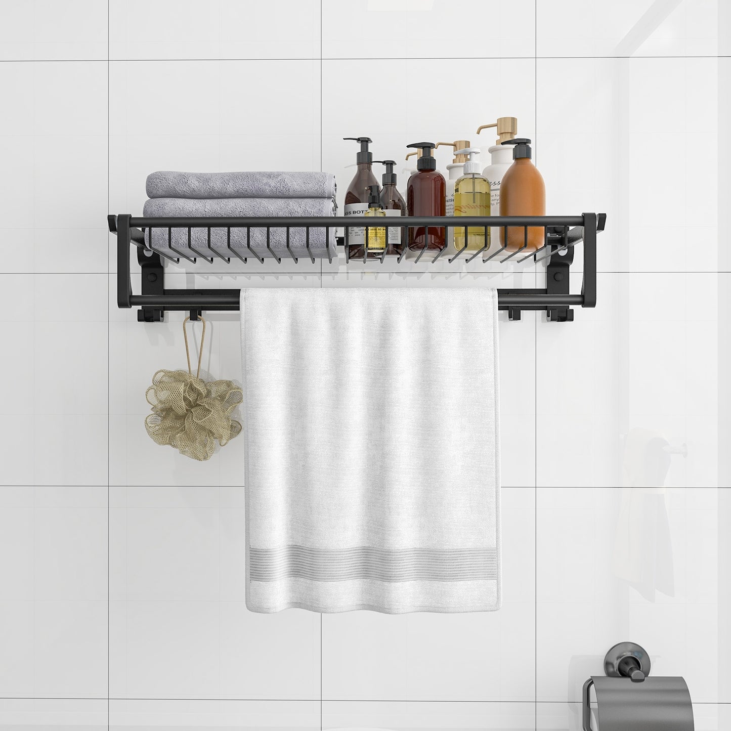 Foldable Space Aluminum Towel Rack with Storage Basket and Hooks